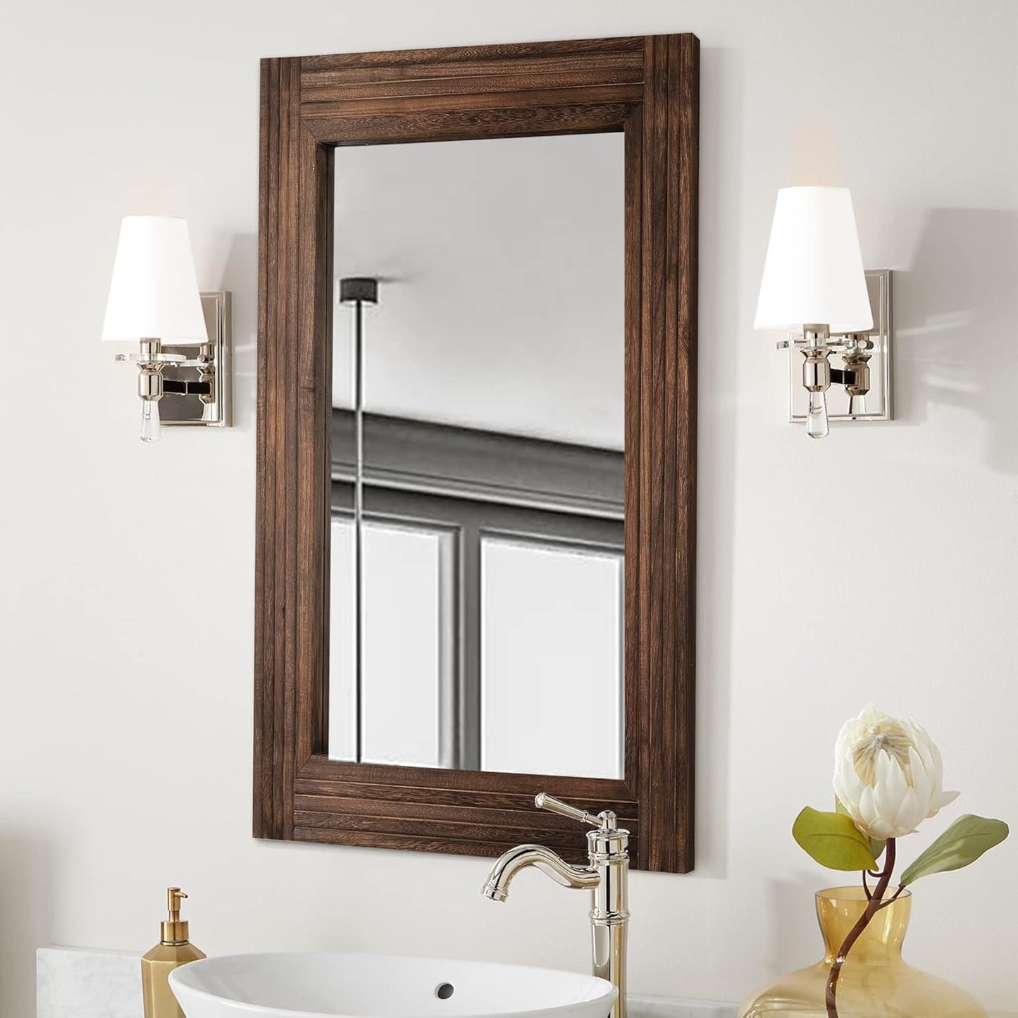 YOSHOOT Hand-Made Wooden Spliced Wall Mirror for Bathroom, Rustic Farmhouse Vanity Mirror, Décor Wall Art, Solid Wood Frame, Vertical or Horizontal Hanging