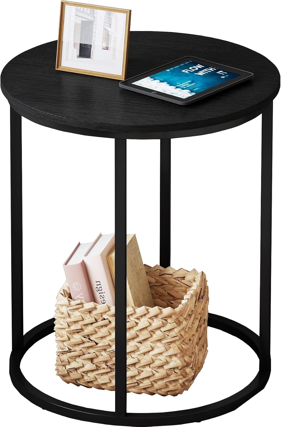 Yusong Round End Table, 20" Accent Small Side Table Suitable for Hiding Trash Can, Nightstand Modern Bedside Table for Living Room Bedroom Office Small Spaces, Black