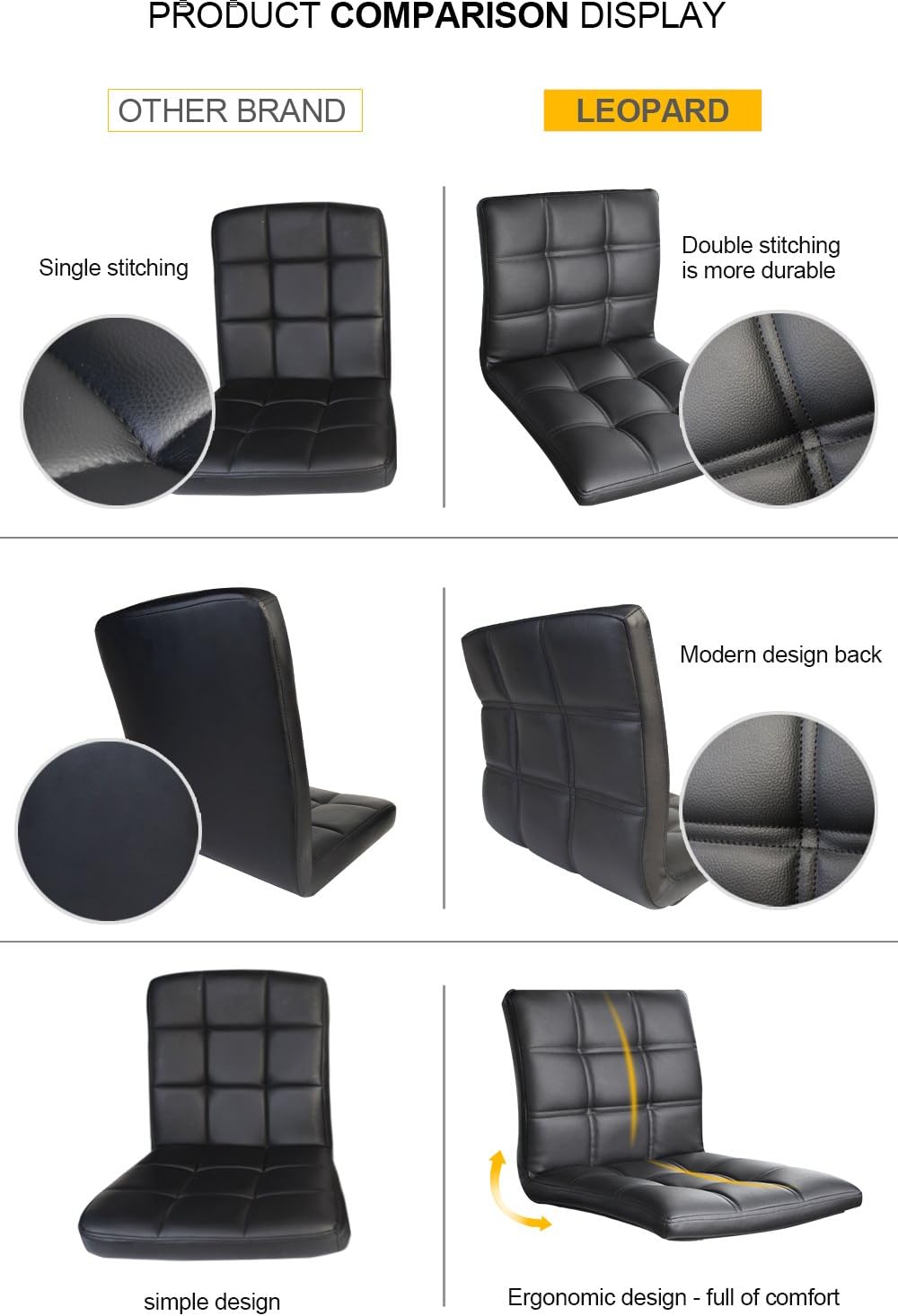 Leopard Modern Square PU Leather Adjustable Bar Stools with Back, Squre Back Bartool, Counter Height Swivel Stool, 1 Chair (Black)