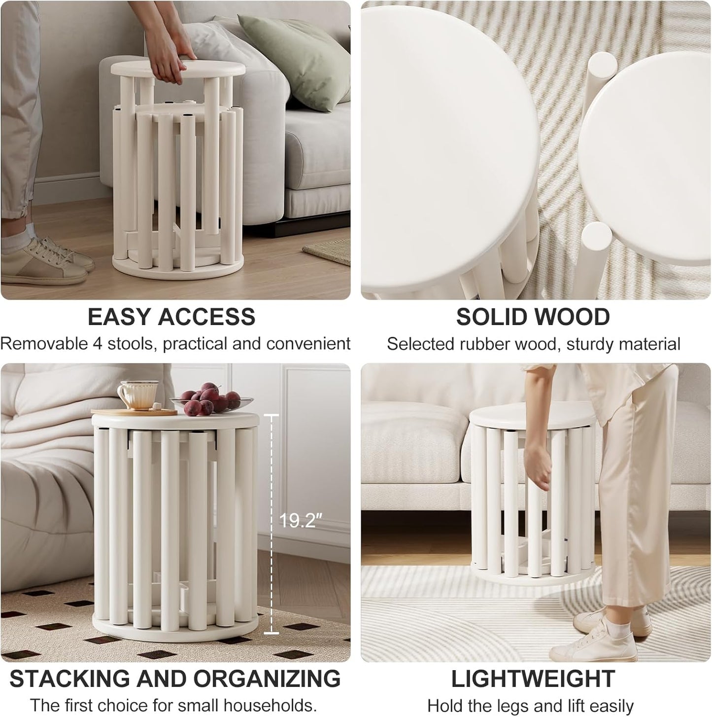 Stackable Stools Set of 4, Wood Stool 18 Inch Stool Stackable Side Tables Nesting Table Sturdy and Durable, No Installation Required for End Table,Top Stackable Round Stools(White Barstool)