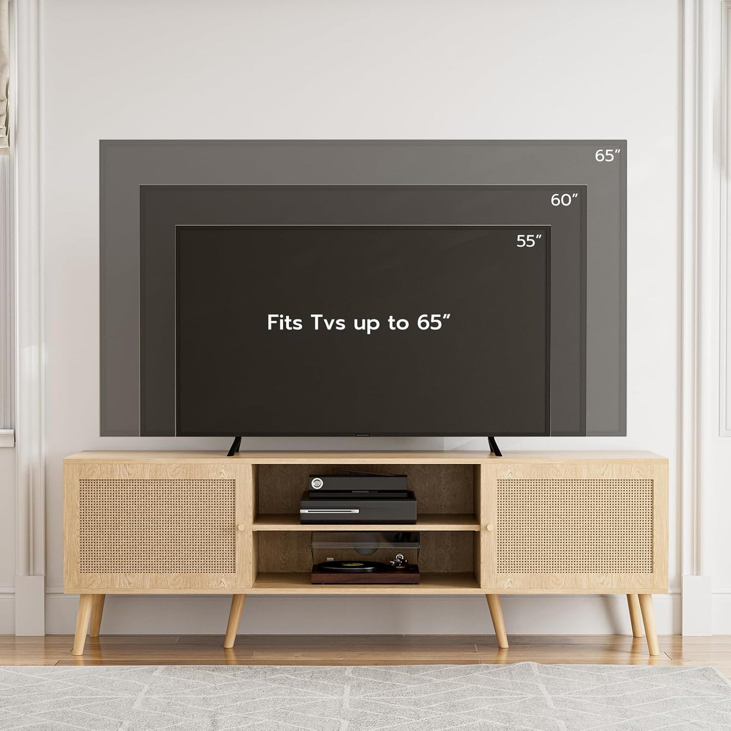 TV Stand for TVs up to 65'', Entertainment Center With Rattan Door, Shelves & 2 Cabinets, Long Boho Media Console for Living Room, Natural