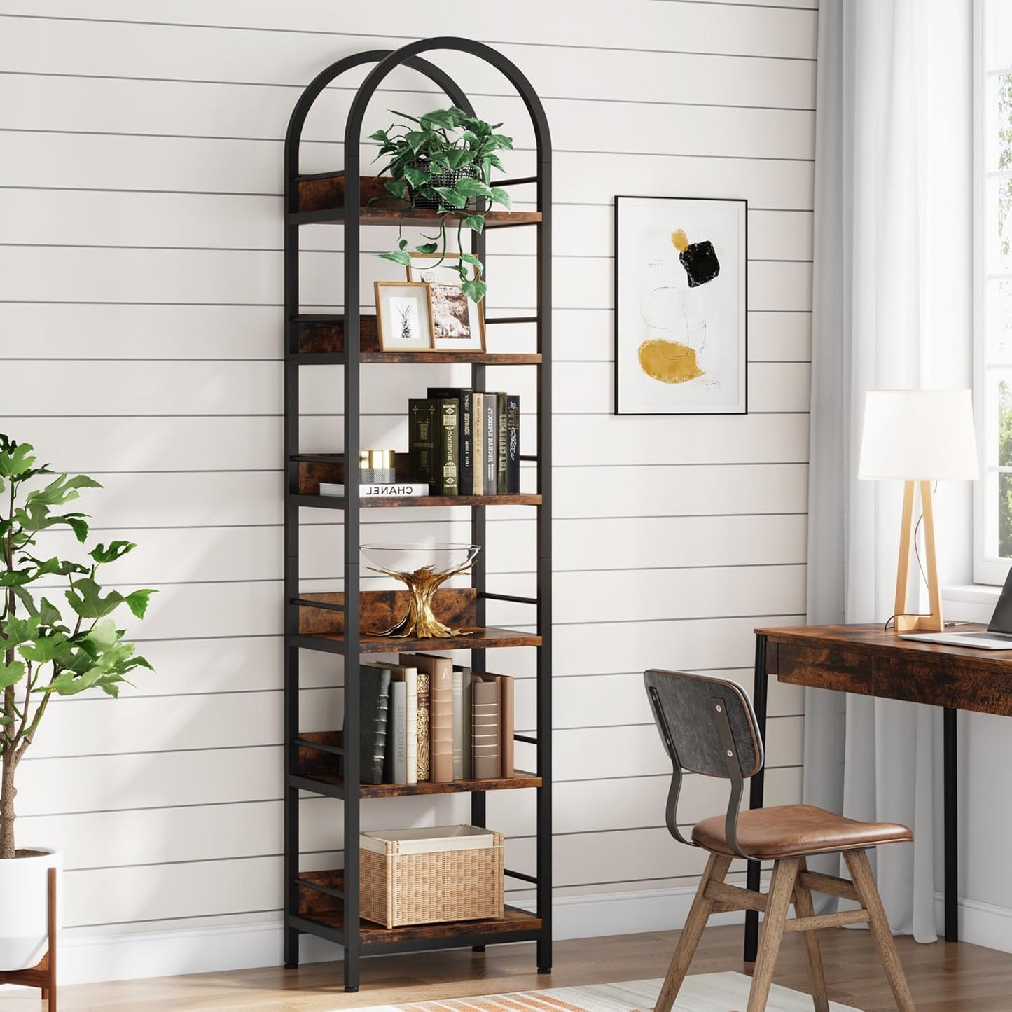 LITTLE TREE 78.7 Inches Tall Arched Bookshelf, 6 Tiers Skinny Open Bookcase with Metal Frame, Freestanding Corner Display Shelves Rack for Living Room, Home Office, Brown