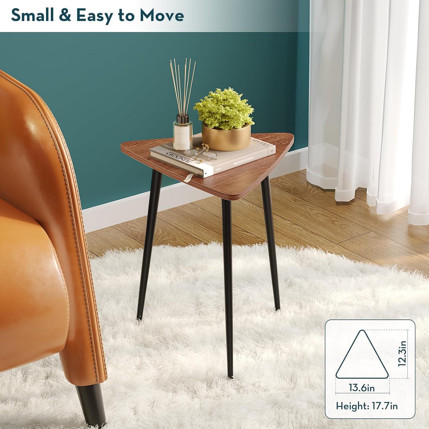 SAYGOER Small Triangle Side Table, Mid Century Modern Walnut End Table, Unique Night Stand Bedside Table Retro Accent Sofa Table for Living Room Bedroom,Medal Black Frame 13.5" W x 12.3" D x 17.7" H