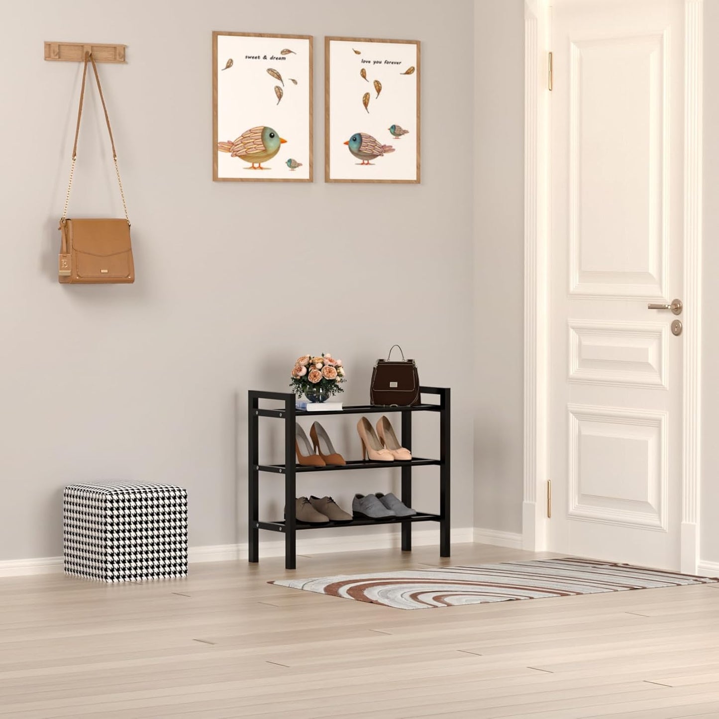 Haddockway Bamboo Shoe Rack for Closet, Free Standing Shoe Organizer with Smooth Round Rods & Convenient Handles, Stackable Shoe Storage Shelf for Entryway, Hallway(Black, 3-Tier(Small))