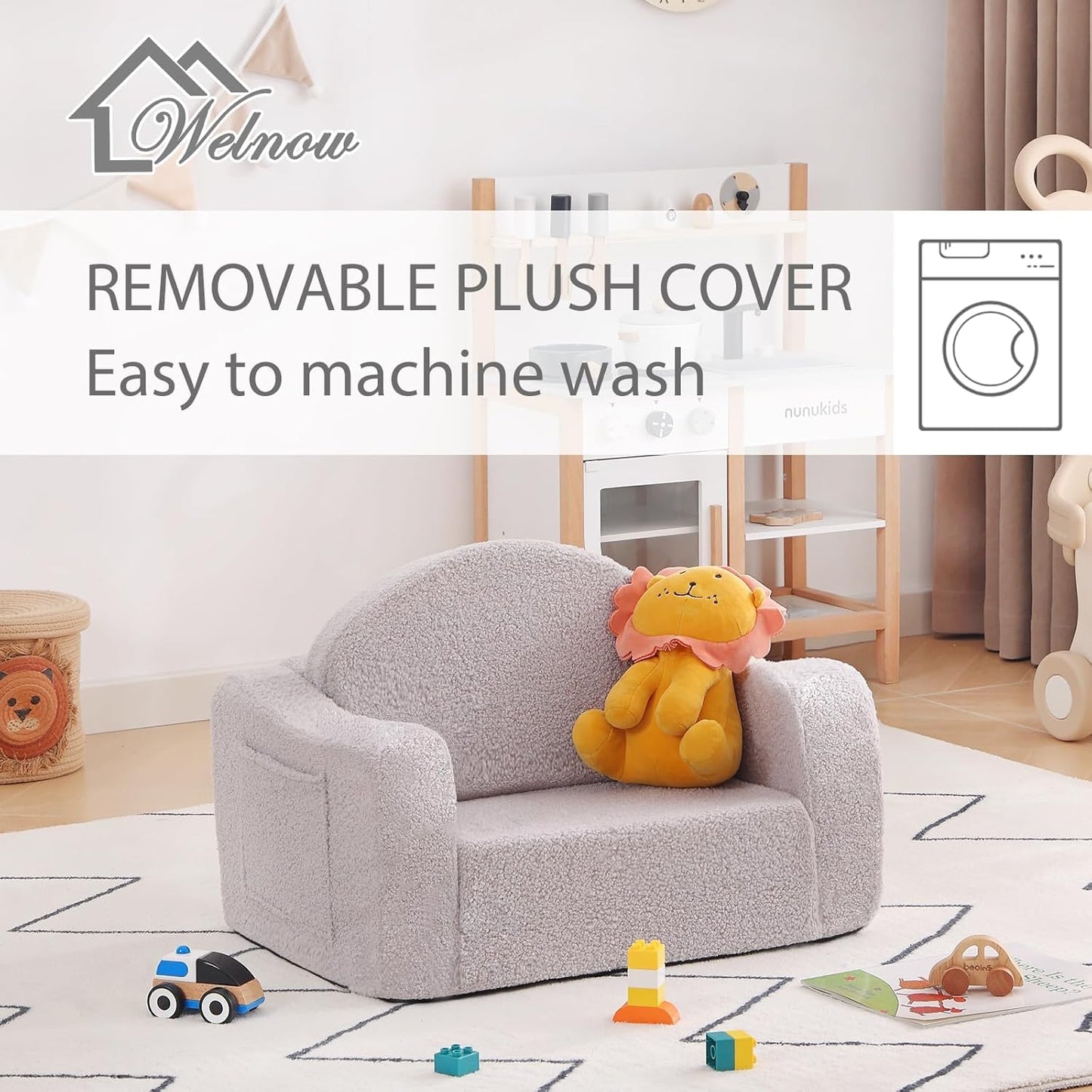 Welnow Kids Sofa, 2-in-1 Soft Sherpa Toddler Chair, Convertible Toddler Couch Lounger, Flip Out Kids Couch Chair with Side Pockets & Removable Cover for Girls and Boys, Grey