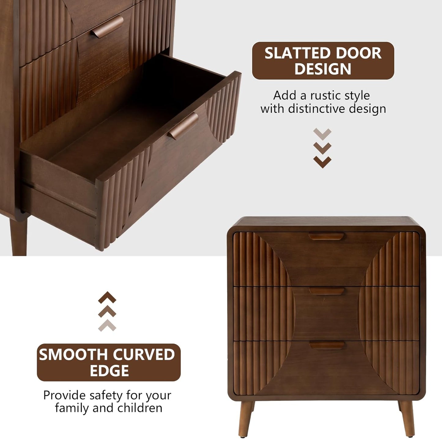 COSIEST Walnut Accent Cabinet with 3 Drawers, Sideboard Buffet Cabinet for Entryway, Living Room, Bedroom (Brown, Stripe Pattern)