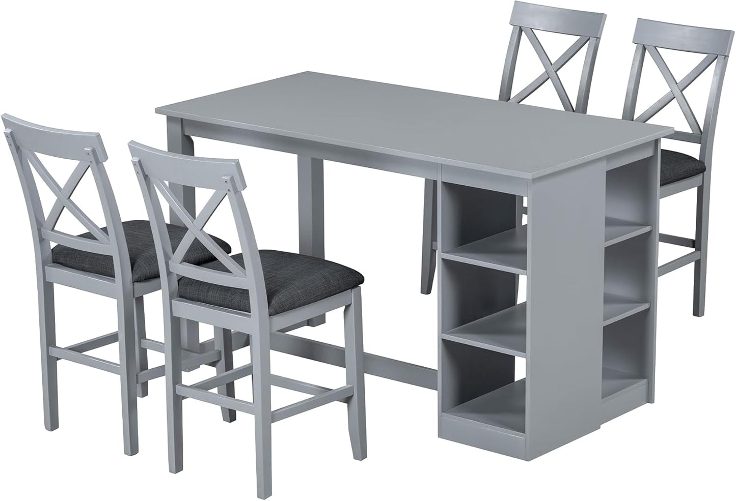 Merax 5 Piece Solid Wood Farmhouse Counter Height Dining Table Set with 3-Tier Storage Shelves,and 4 Upholstered Dining Chairs,Gray