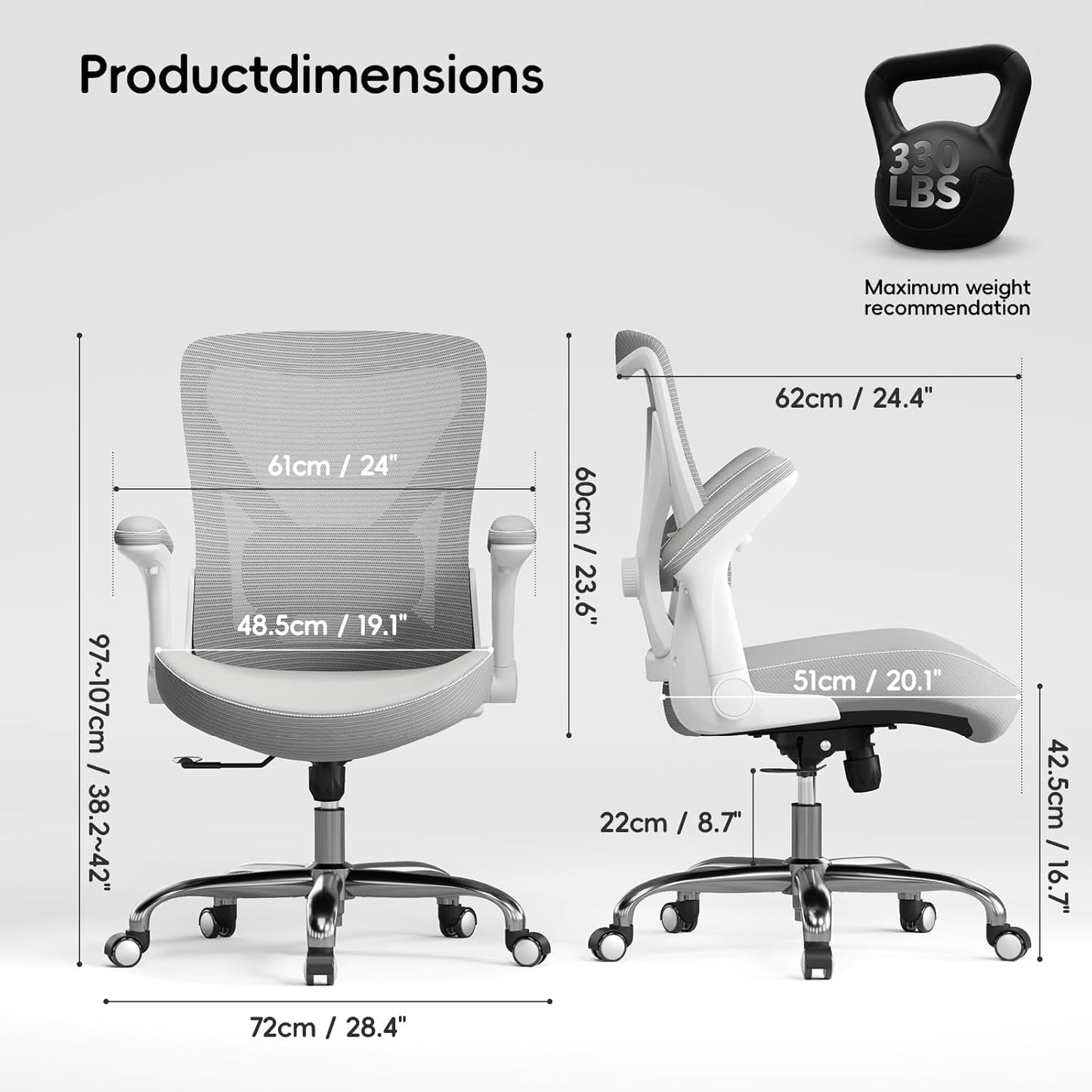 Ergonomic Office Chair-Computer PU Leather X-Shaped Desk Chair-Gaming Chair with Adjustable Flip-up Armrests Lumbar Support Mesh Executive Chair for Long Hours Office (White-Grey)