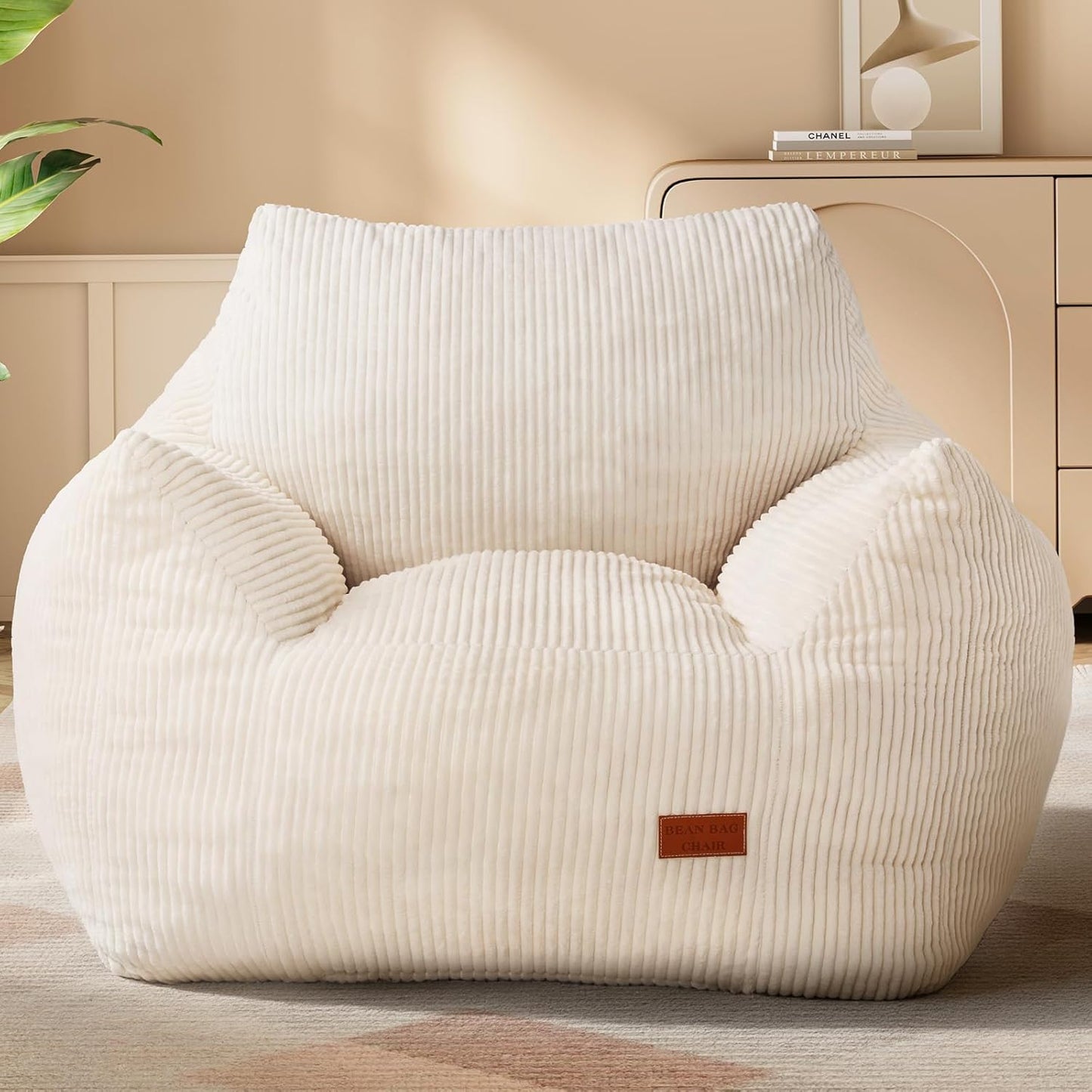 Big Bean Bag Chair for Adults & Kids, Ultra Soft Living Room Bean Bag with Armrests, Stuffed BeanBag Floor Sofa for Napping, Gaming, Lounging, Beige