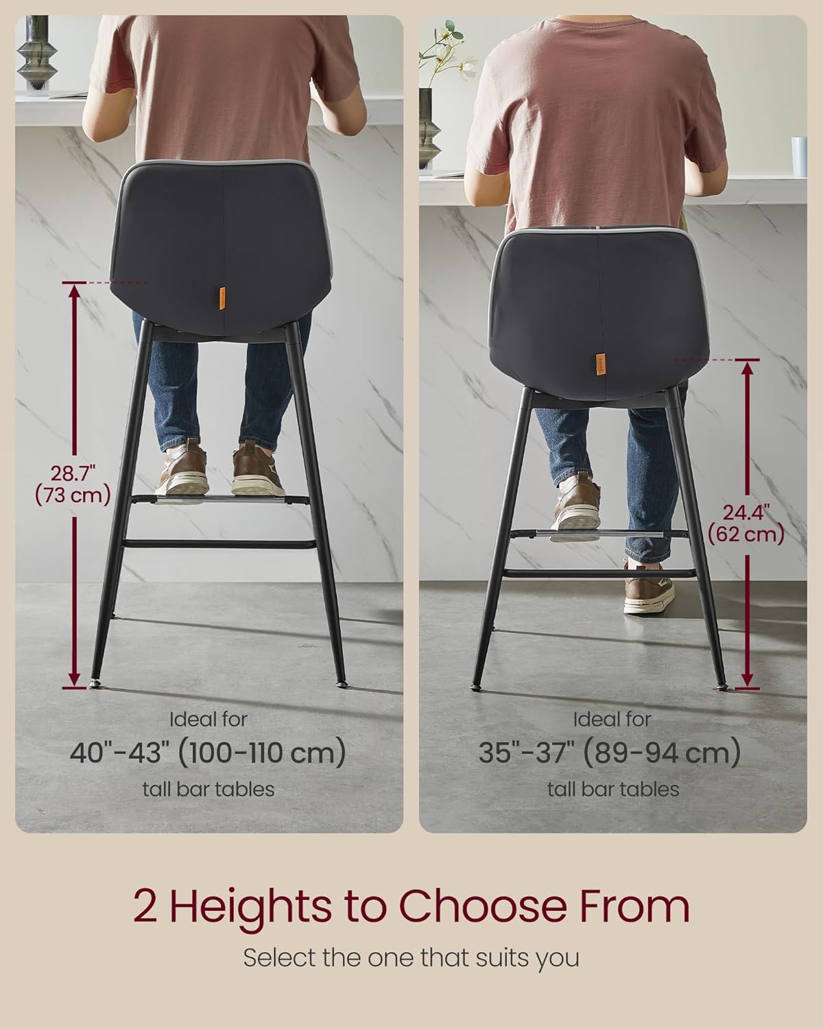 VASAGLE Bar Stools Set of 2, Counter Height Bar Stools with Back, Ergonomic Backrest, Synthetic Leather, Metal Legs, 24.4-Inch Tall Barstools for Kitchen Island Home Bar, Easy Assembly, Ink Black