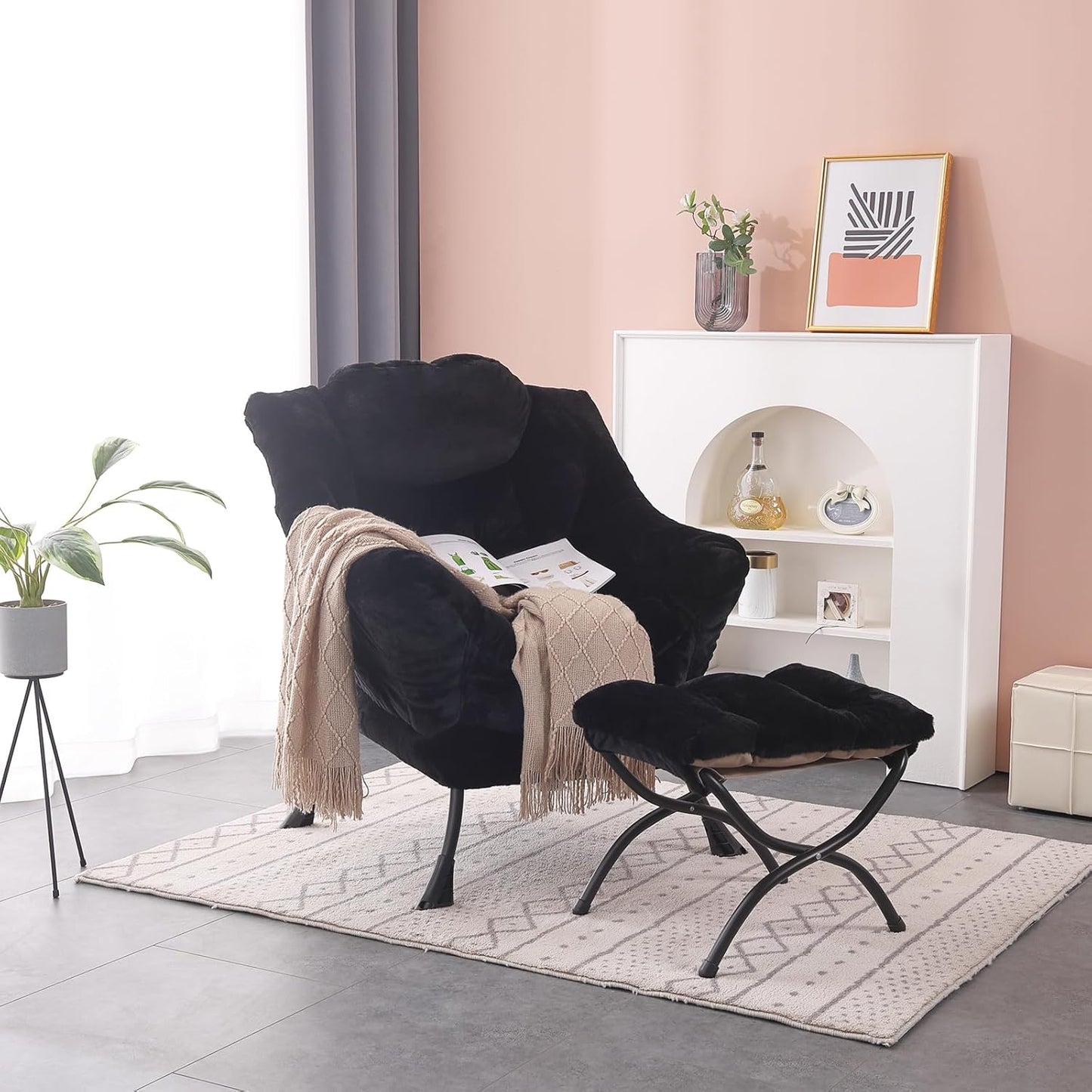 Lazy Chair with Ottoman, Modern Accent Chair Lounge Leisure Sofa Chair with Armrests, Reading Chair and Folding Footstool for Living Room, Bedroom, Office, Plush Black