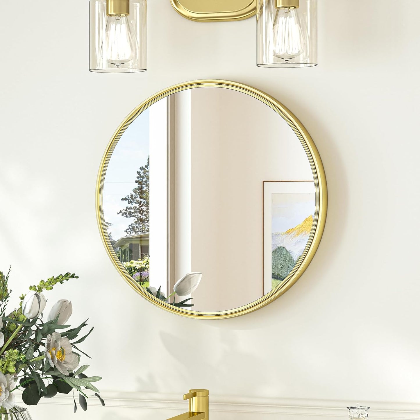 TokeShimi 16 in Round Gold Mirror Framed, 16 x 16 Shatterproof Circle Bathroom Vanity Mirror Wall Mounted Aluminum Wall Mirrored Farmhouse for Entryway, Bedroom, Restroom, Vanity, Living Room