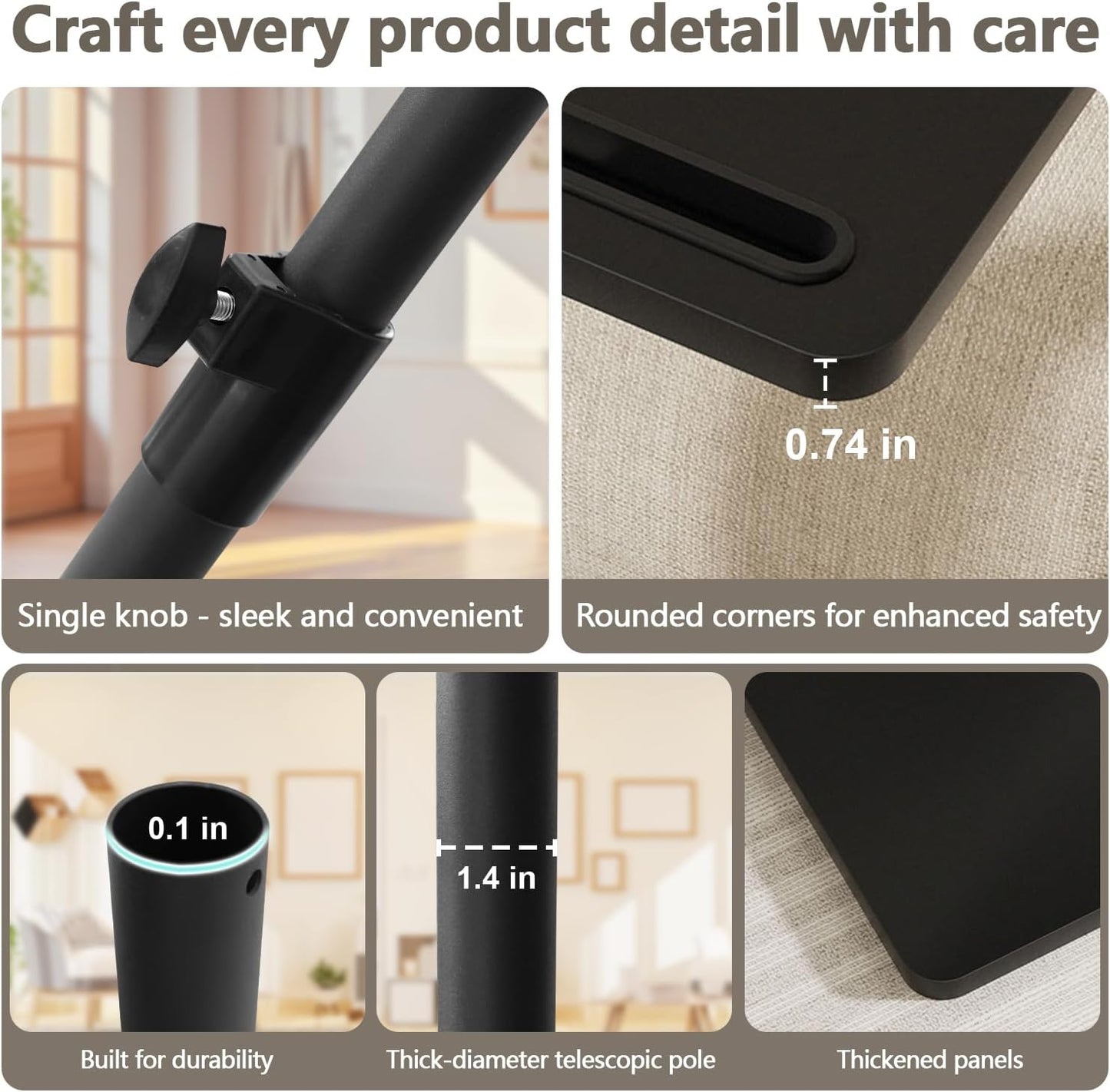 Sofa Armrest Tray Table for Couch - 360° Swivel Height Adjustable End for Small Spaces, Snack Side Table for Bed or Chair with Phone & Tablet Slot (Black,Standard)