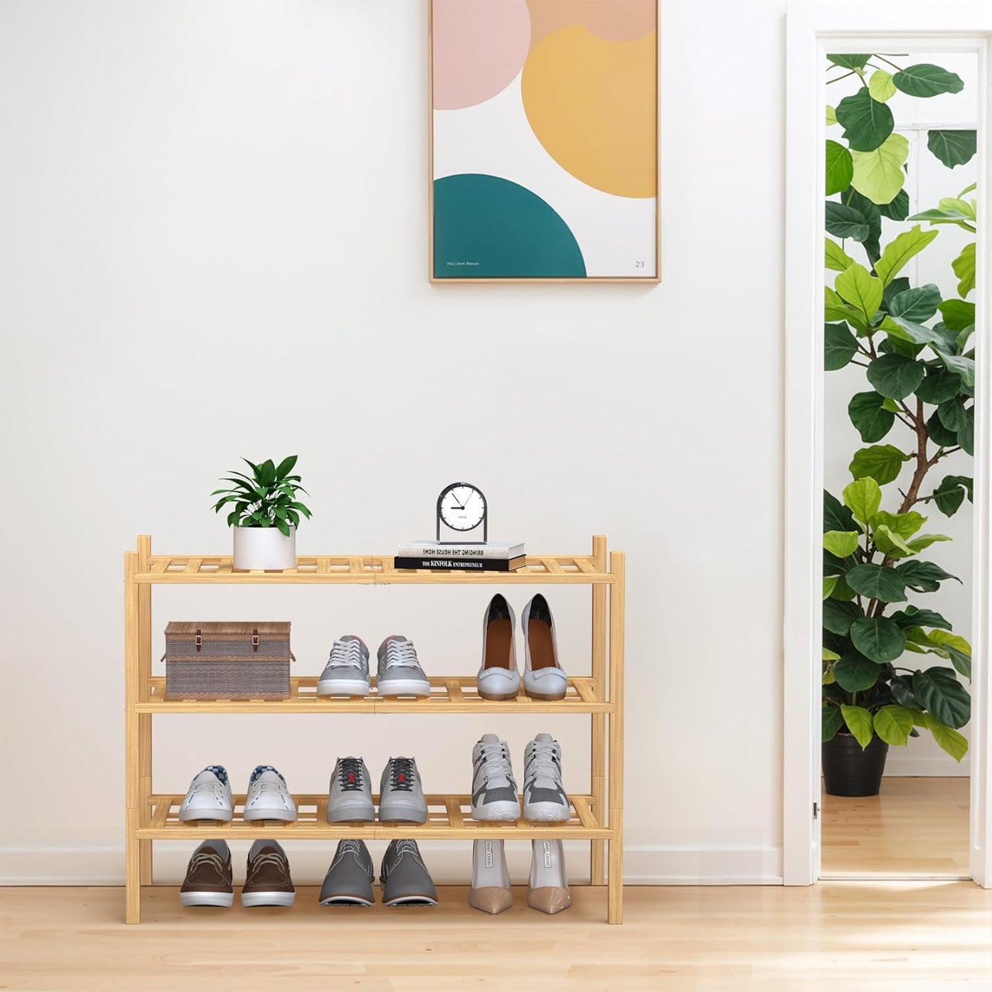 Haddockway Large 3 Tier Bamboo Shoe Rack Storage Organizer,Multifunctional Free Standing Stackable Shoe Shelf with Grid Panel for Closet,Hallway,Entryway,Small Space 27"x12"x21"(Natural, 3-Tier Large)