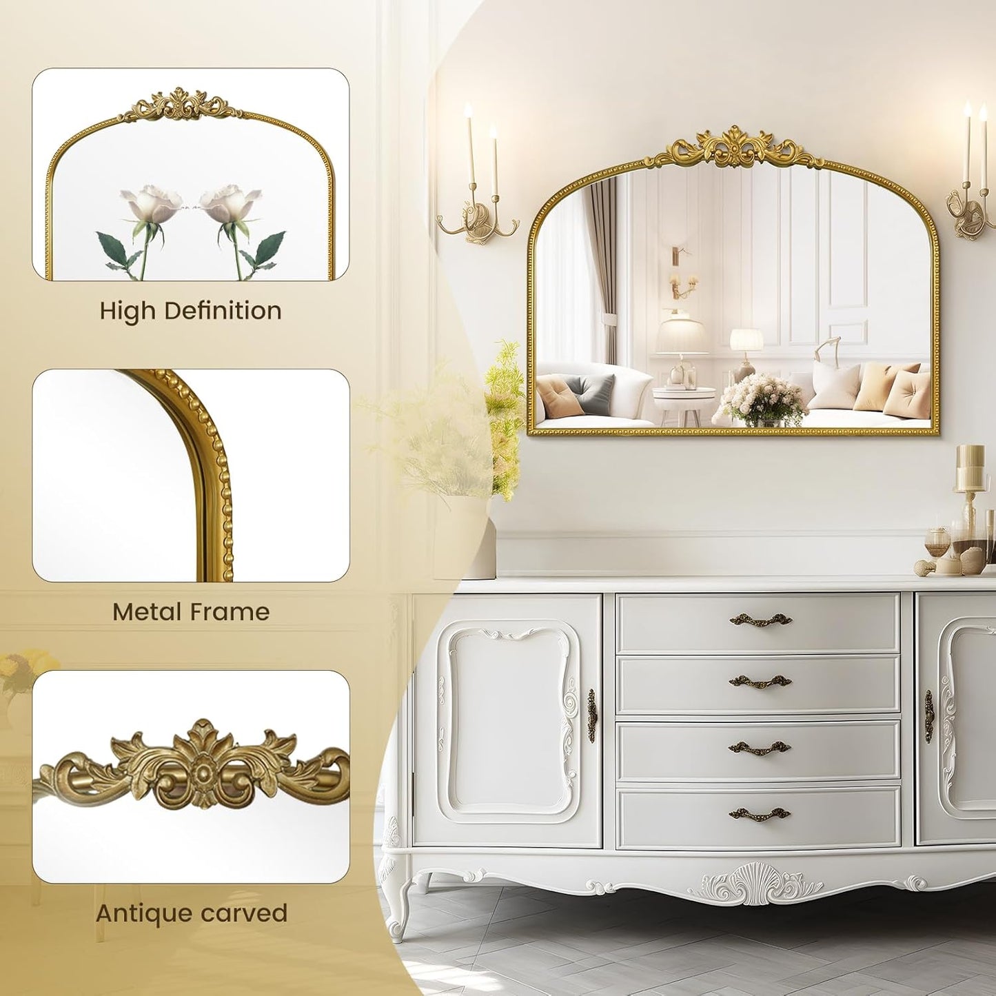 WallBeyond Gold Vintage Mirror - 32x24 Inch, Arched Antique Mirror with Ornate Frame for Bathroom, Living Room, Fireplace, Entryway