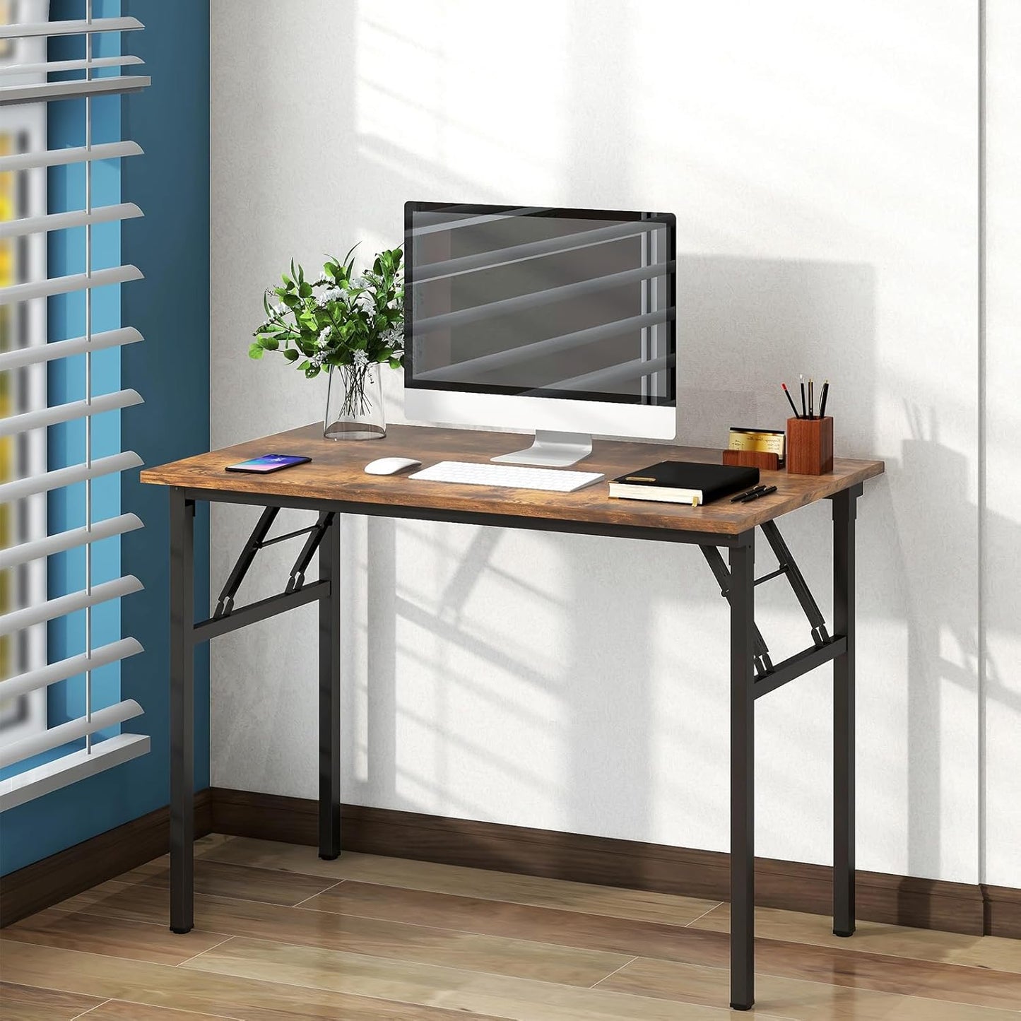 Need Folding Desk for Home Office 39-3/8 inch Length Modern Folding Table Computer Desk No Install Needed Rustic Brown Desktop Black Frame AC5FB(100 * 60)