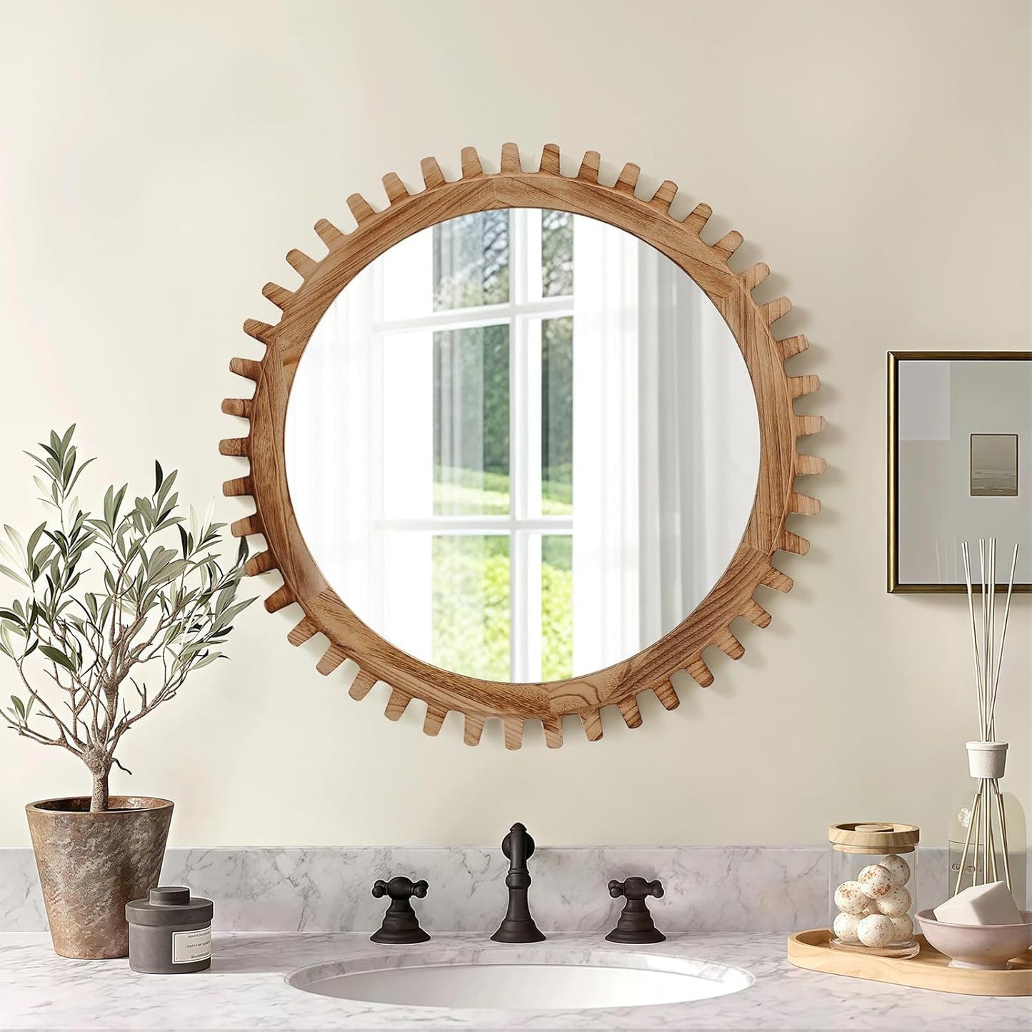 ULIKE Round Wood Mirror, 30 Inch Rustic Farmhouse Circle Mirror with Wooden Frame, Mordern Wall Decor for Bathroom Nursery Bedroom Living Room Entryway, Brown