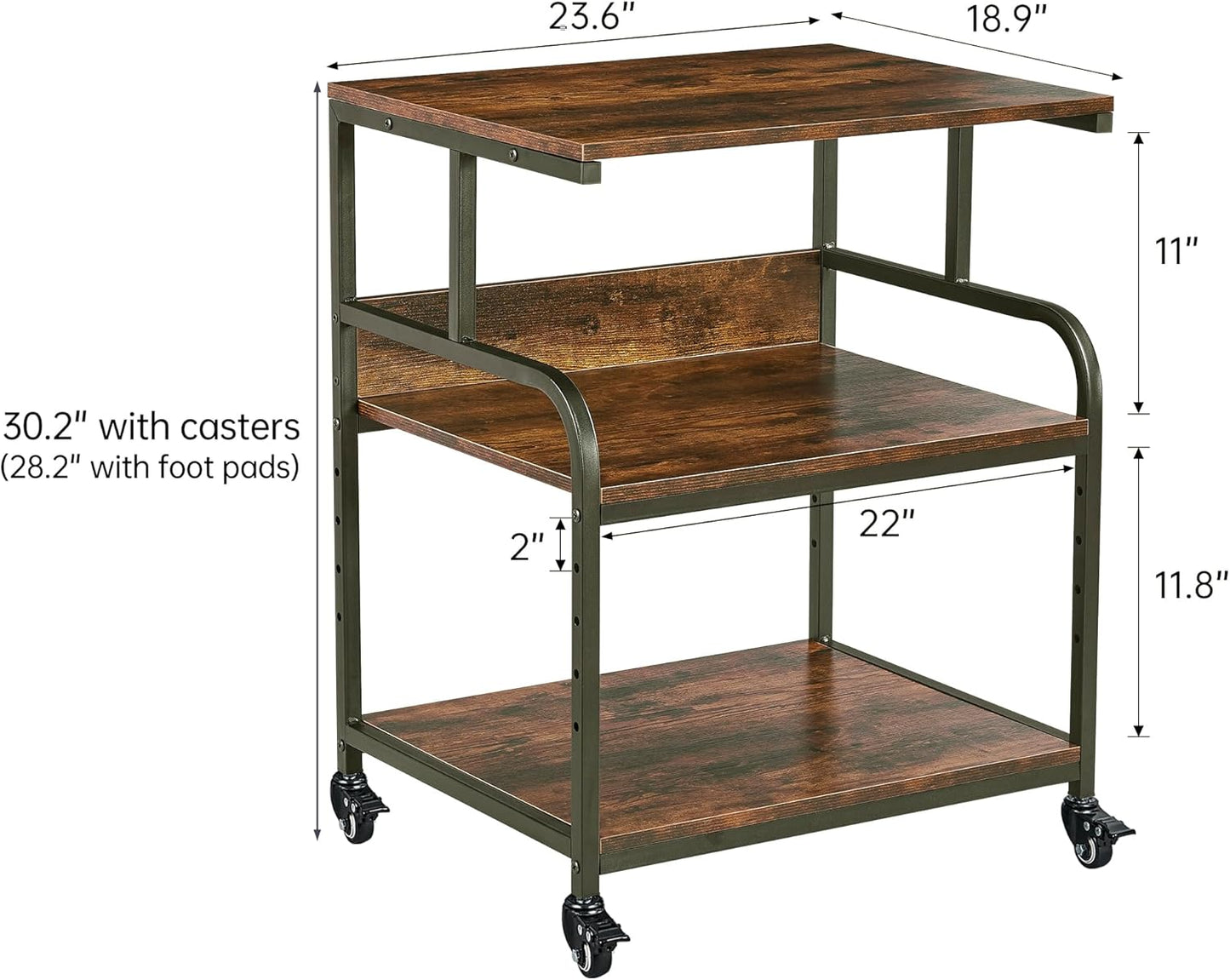 Large Printer Stand with Adjustable Storage Shelf, 3 Tier Printer Cart with Wheels for Home Office Organization, Rolling Table Stand for Heat Press Mini Fridge, Industrial Style