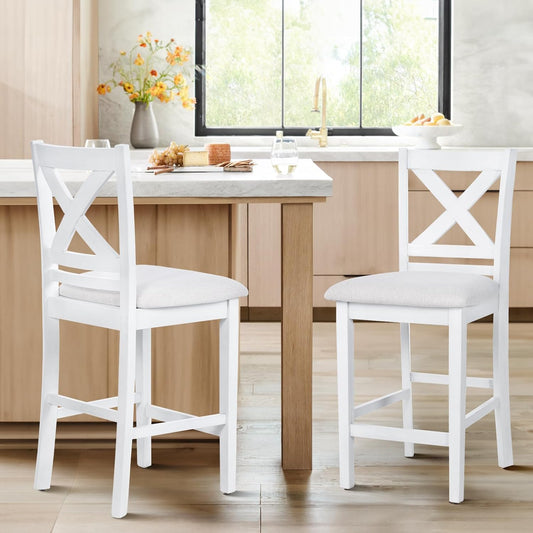 Upholstered Counter Height Bar Stools Set of 2, Modern Kitchen Island Barstools Chairs with Cross Back and Wood Legs for Dining Room Bar, Grey White Wash
