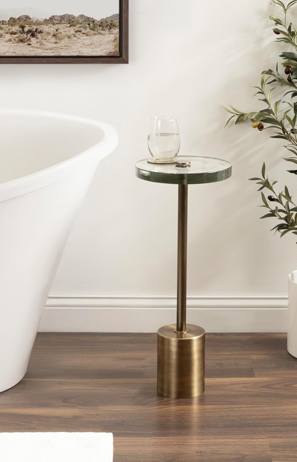 Kate and Laurel Xyler Modern Round Metal and Glass Drink Table, 10 x 10 x 24, Clear Glass and Antique Brass, Transitional Plant Pedestal Table for Use as Indoor Plant Stand or Small Bathtub Table
