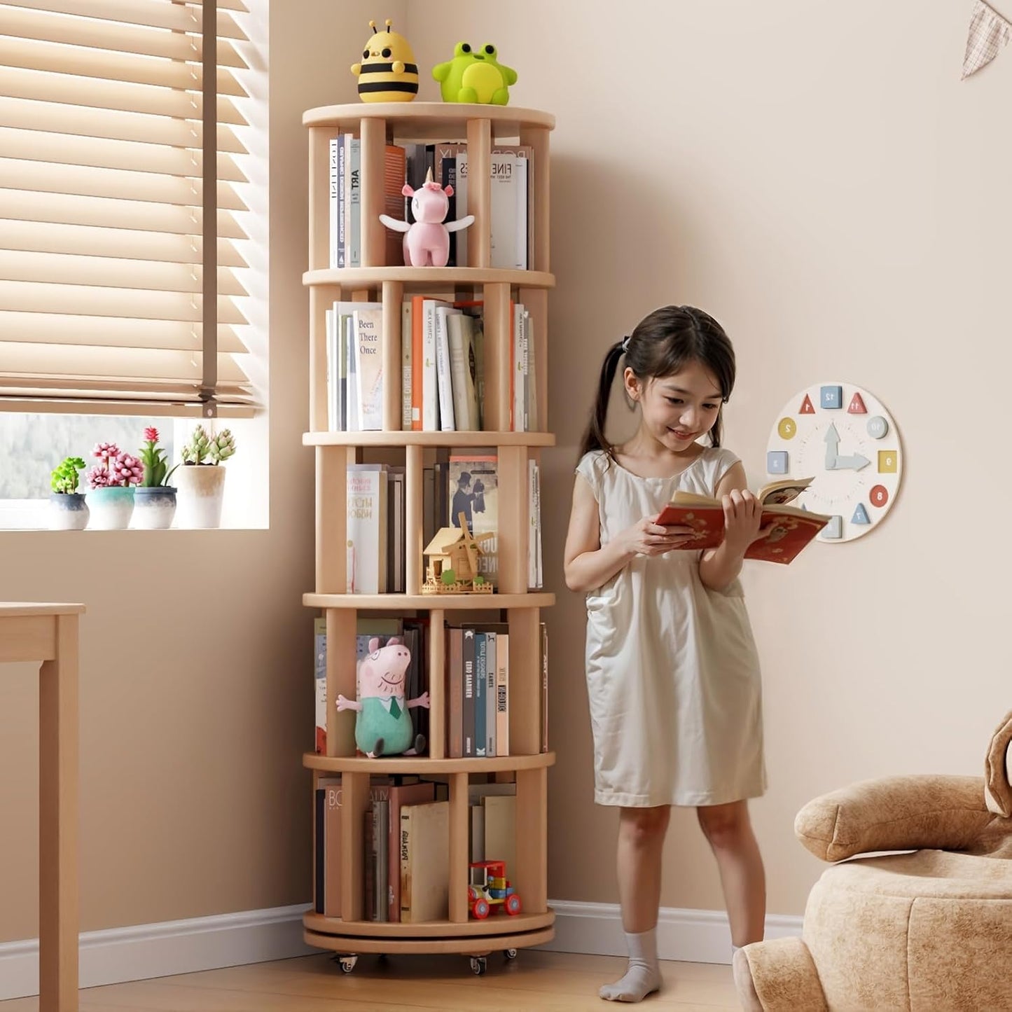 Solid Wood Rotating Bookshelf on Wheels, 5 Tier, Round Revolving Bookcase, 360° Spinning Book Shelf Tower for Kids, Narrow Rolling Bookshelves for Small Space, Corner, Bedroom, Office, Natural