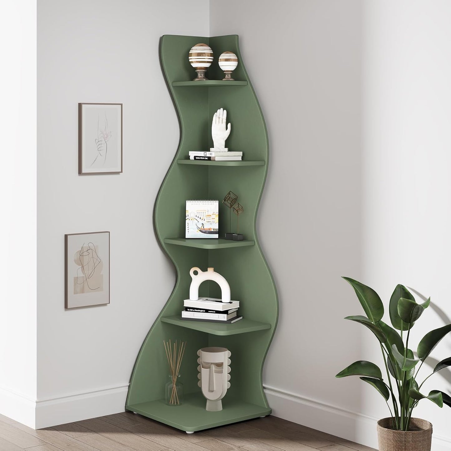 Tribesigns Corner Shelf, Modern 5-Tier Wall Corner Bookshelf, Stylish Corner Small Bookcase Storage Rack Plant Stand with Unique Shape for Living Room, Home Office (Sage Green, 2PCS)