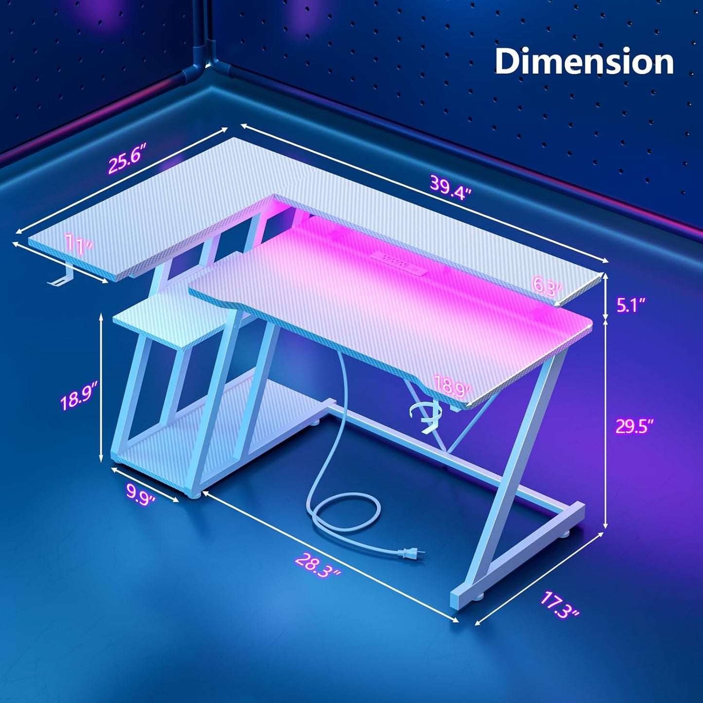 40 Inch Gaming Desk with Power Outlet & LED Lights, L Shaped Computer Gaming Table with 3 Tiers Storage Shelves, Corner Gamer Desk with Monitor Stand for Small Space, Carbon Fiber White
