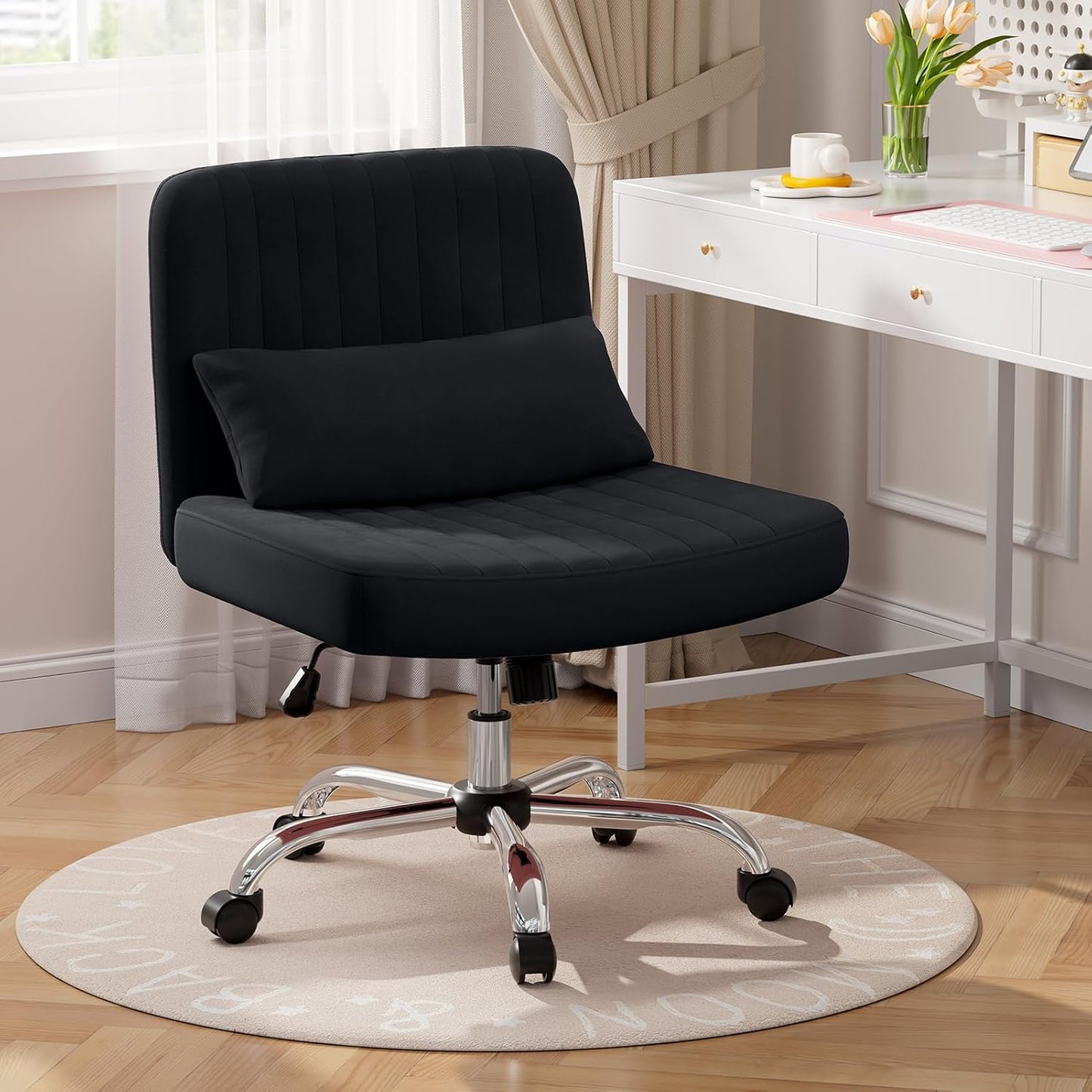Warmiehomy Criss Cross Office Chair with Wheels, Velvet Cross-Legged Desk Chairs for Home, Height Adjustable Swivel Wide Seat Computer Chair, Morden Vanity Chair for Women, Black