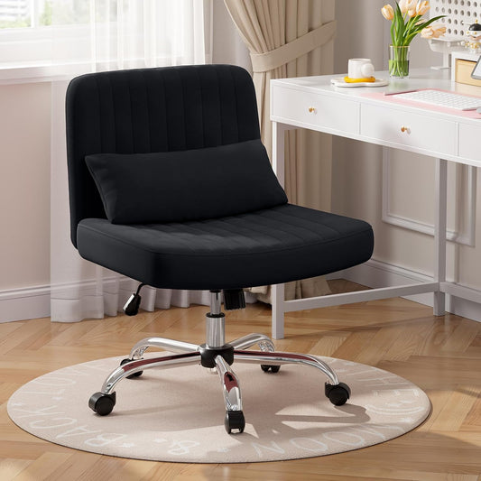 Warmiehomy Criss Cross Office Chair with Wheels, Velvet Cross-Legged Desk Chairs for Home, Height Adjustable Swivel Wide Seat Computer Chair, Morden Vanity Chair for Women, Black