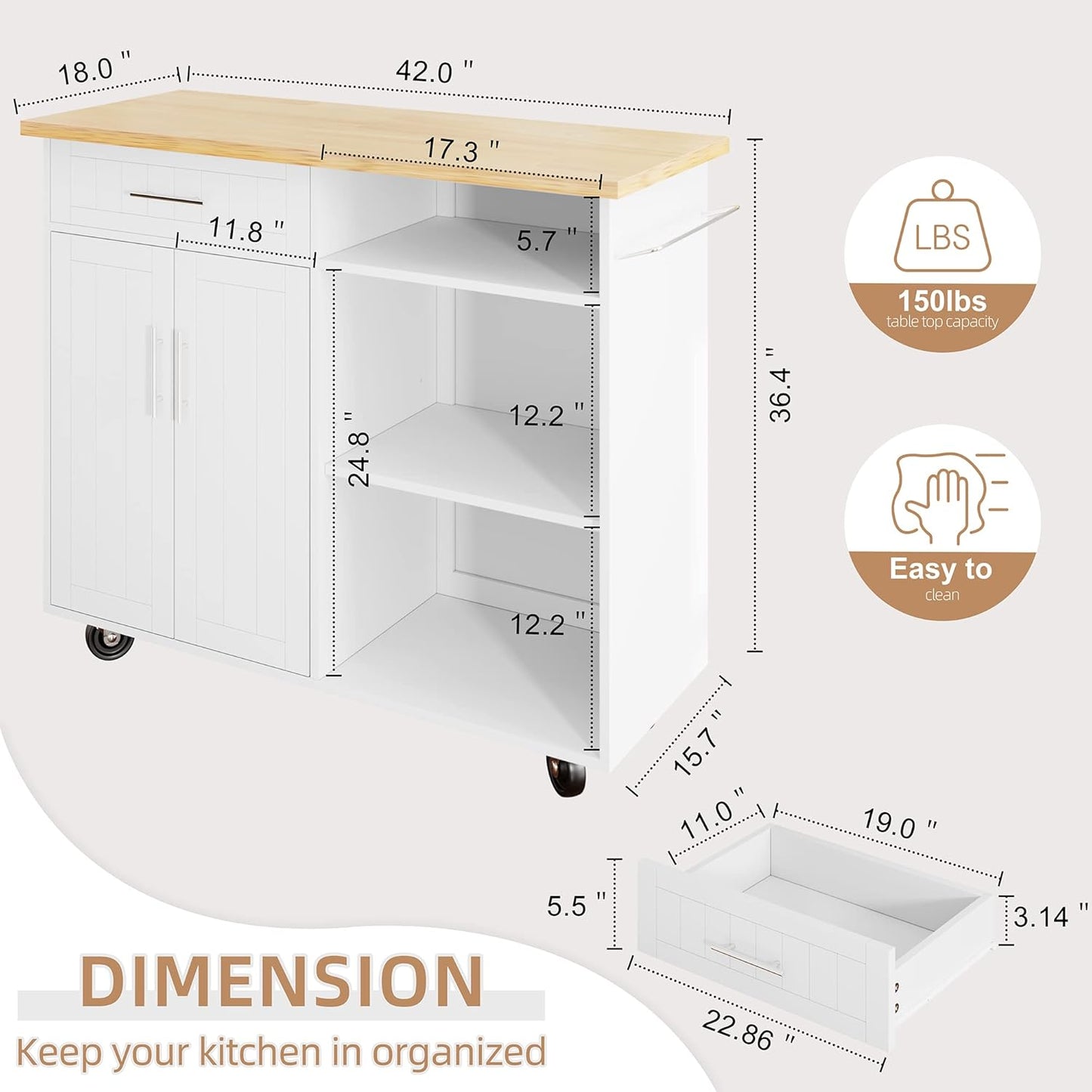 Shintenchi Kitchen Island Cart with Storage,Rolling Kitchen Island Side Table on Wheels with Large Worktop,Storage Cabinet,Towel Rack and Drawers for Kitchen,Dinning Room,White