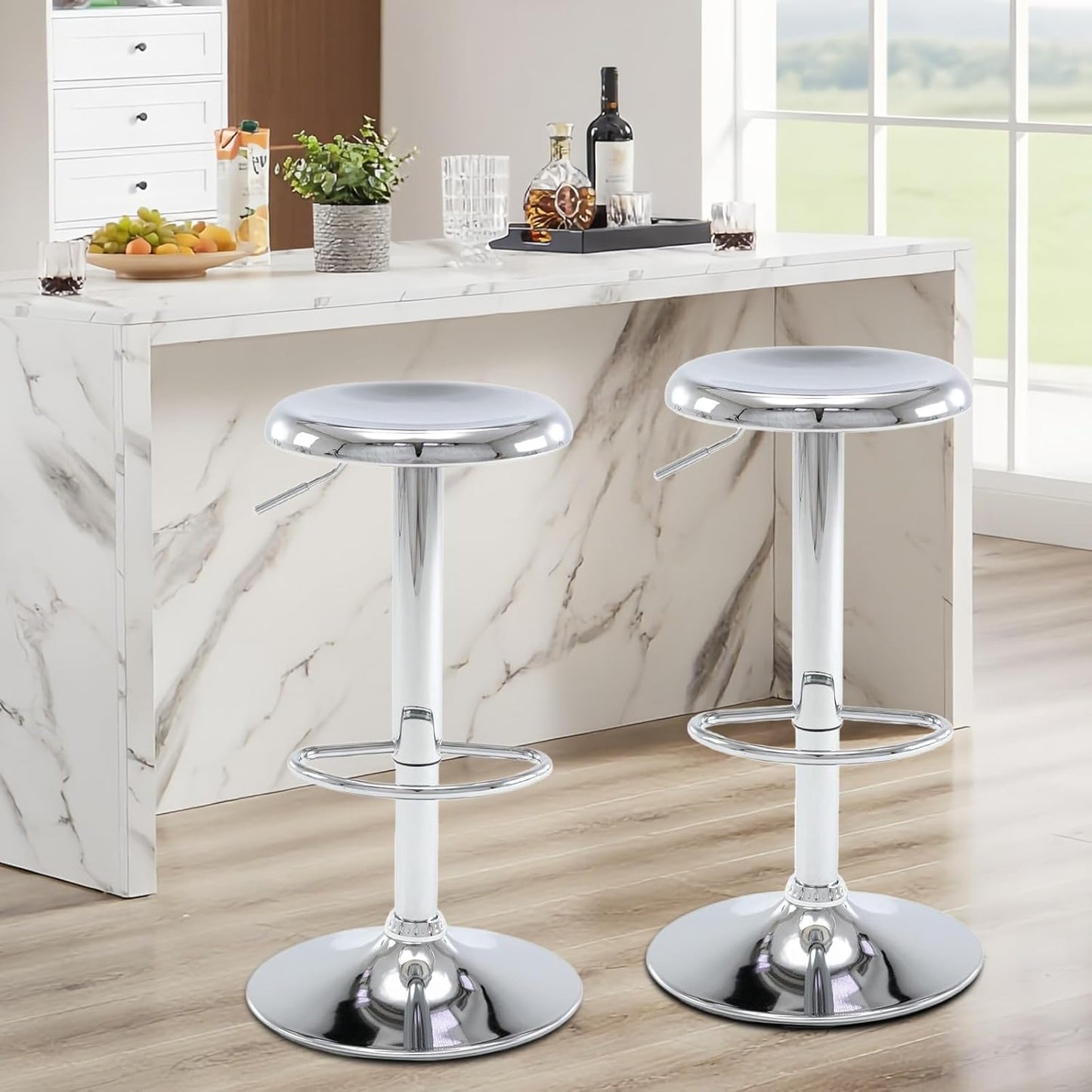 Bar Stools - 2 Pack, Adjustable Swivel Height Counter Bar Stool, Modern Metal Barstools, Backless Barstool for Bar, Kitchen Island, Pub, Silver
