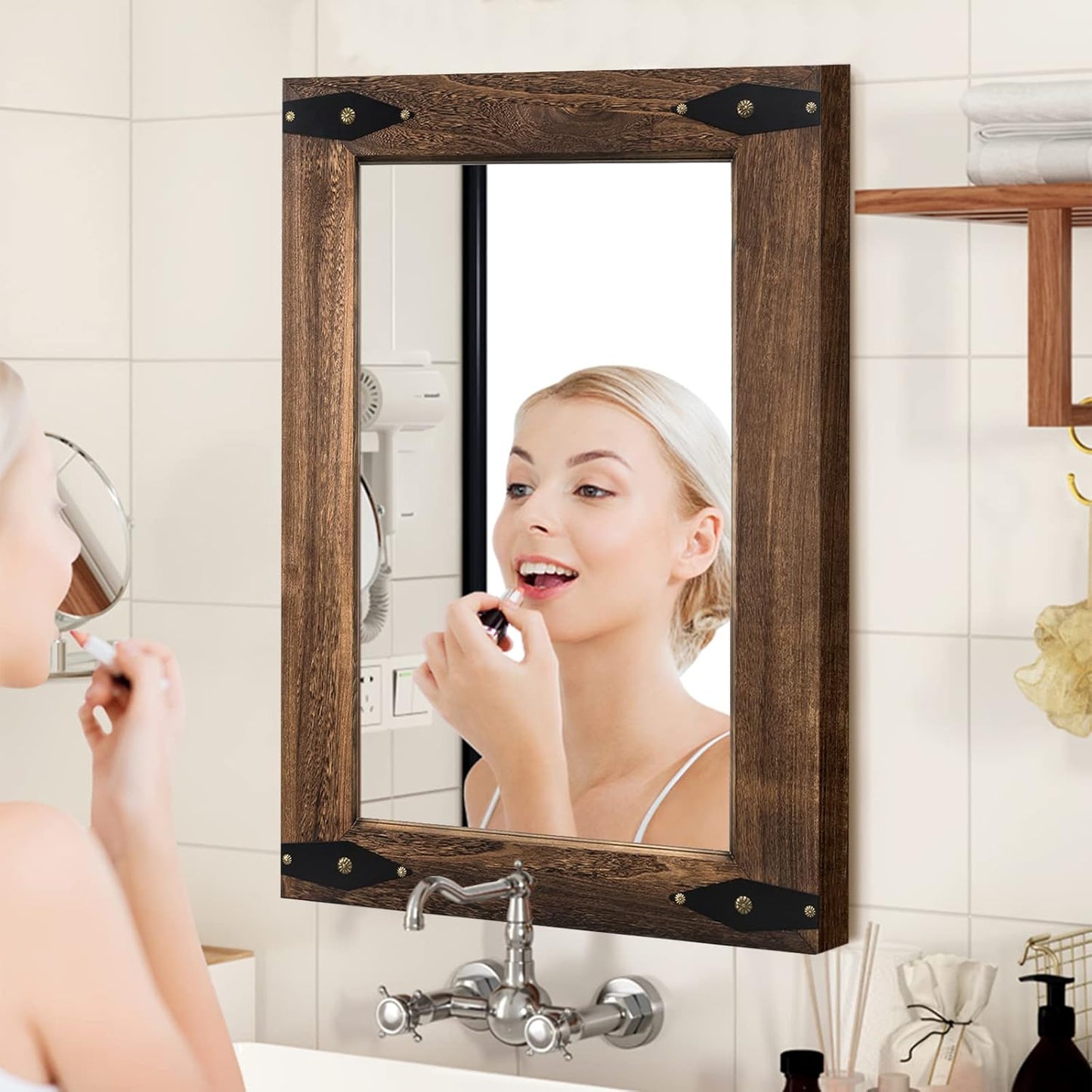 Rustic Wooden Framed Wall Mirror for Bathroom, Farmhouse Decorative Natural Wood Vanity Mirror, Wall Mounted Rectangular Mirror for Bedroom Living Room, Vertical or Horizontal Hanging, 26x40 Inches