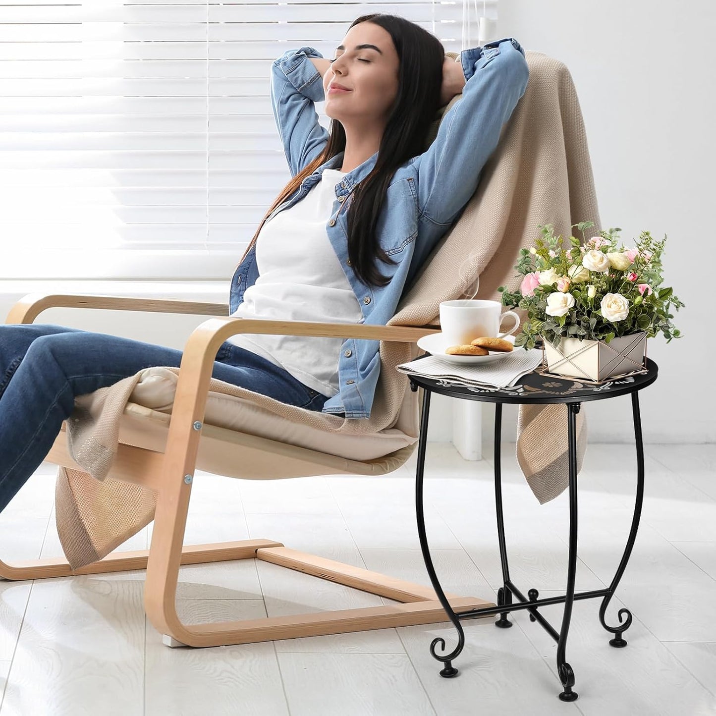 2 Pack Outdoor Side Tables for Patio, Weather Resistant Steel Patio Side Table, Small Round Outdoor End Table Metal Side Table for Patio Yard Balcony Garden Black (Flowers)