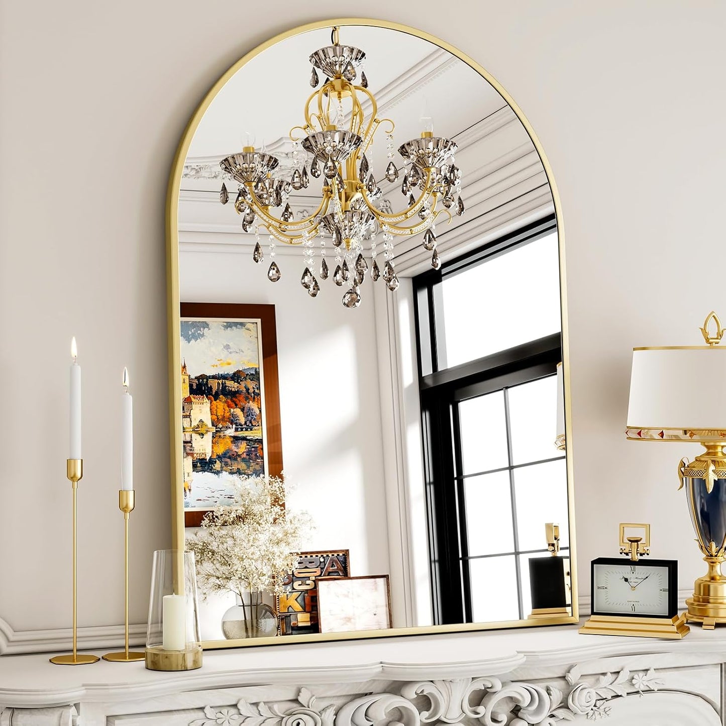 30x38 Inch Arched Bathroom Mirror - Gold Metal Frame Wall Mounted Vanity Mirror for Bathroom, Bedroom, Living Room, Hanging or Leaning Decorative Mirror