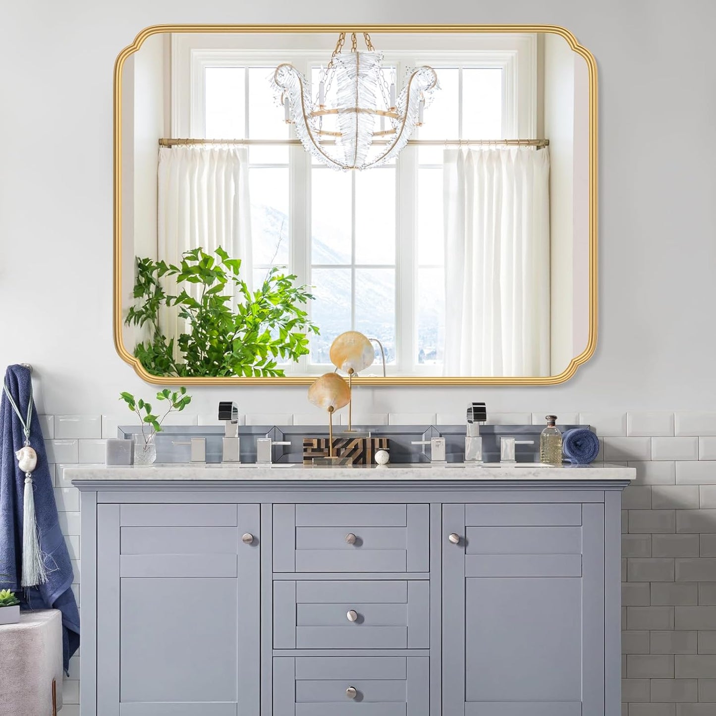 30" x 40"Gold Bathroom Mirror for Over Sink, Modern Rounded Corner Rectangle Wall Mirror for Bathroom Vanity Decorative with Non-Rusting Iron Metal Framed (Horizontal/Vertical)