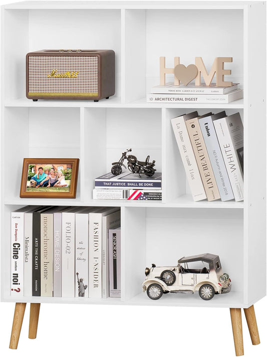 YAHARBO White Bookshelf,3 Tier Book Shelf with Legs, 7 Cube Minimalist Bookcase,Storage Organizer Shelves Display Bookcases for Bedroom,Living Room