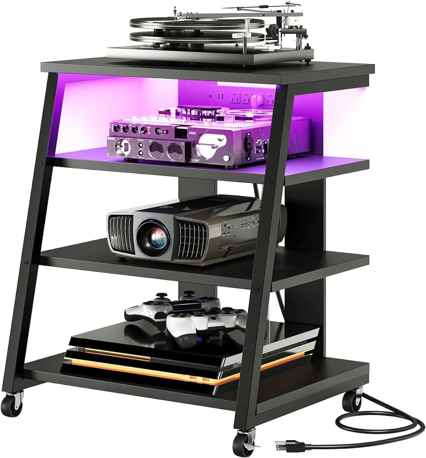 4-Tier AV Media Stand with Wheels, Stereo Stands, Media Console Shelf with Power Strips, LED Lights, Wooden Audio Cabinet Rack Tower for Record Player/Apple TV/ps4, Black TCJ60UDBB