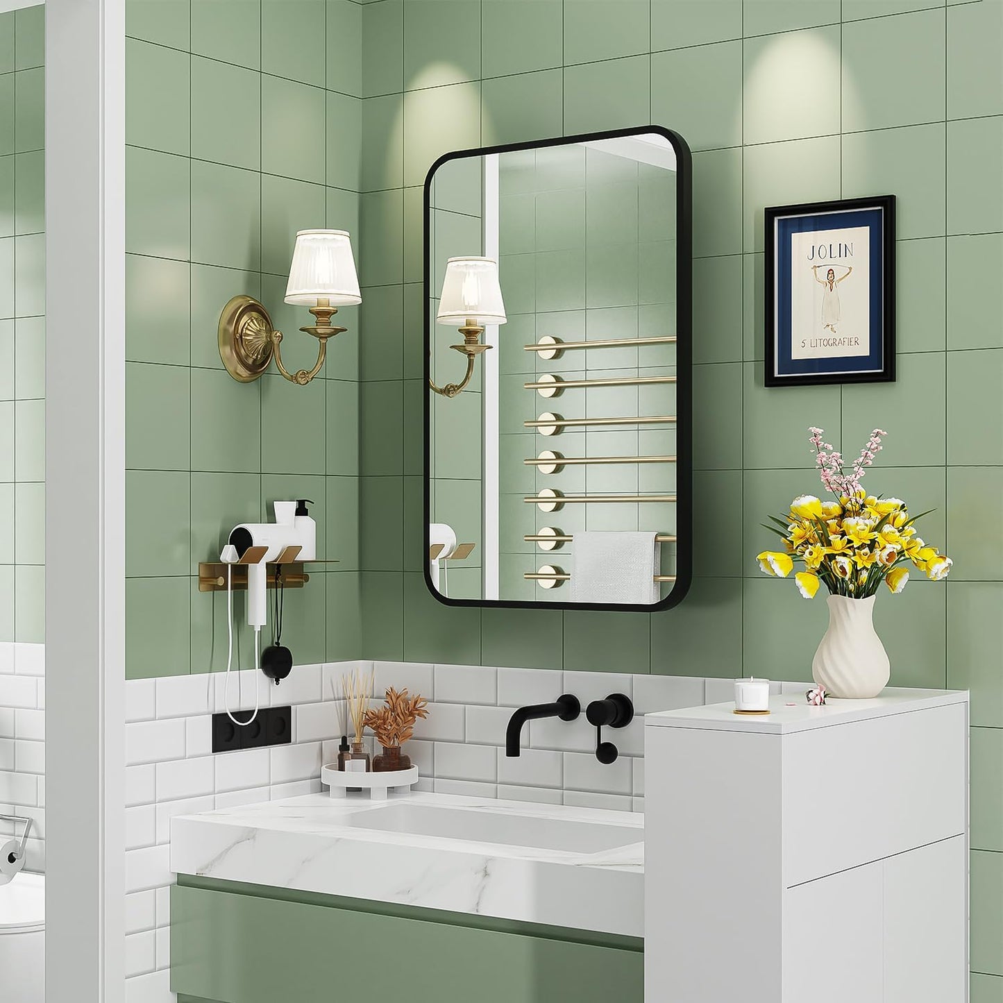 16x24 Inch Black Mirror Medicine Cabinet Metal Framed Recessed Wall Mounted Bathroom Medicine Cabinet with Mirror and Storage