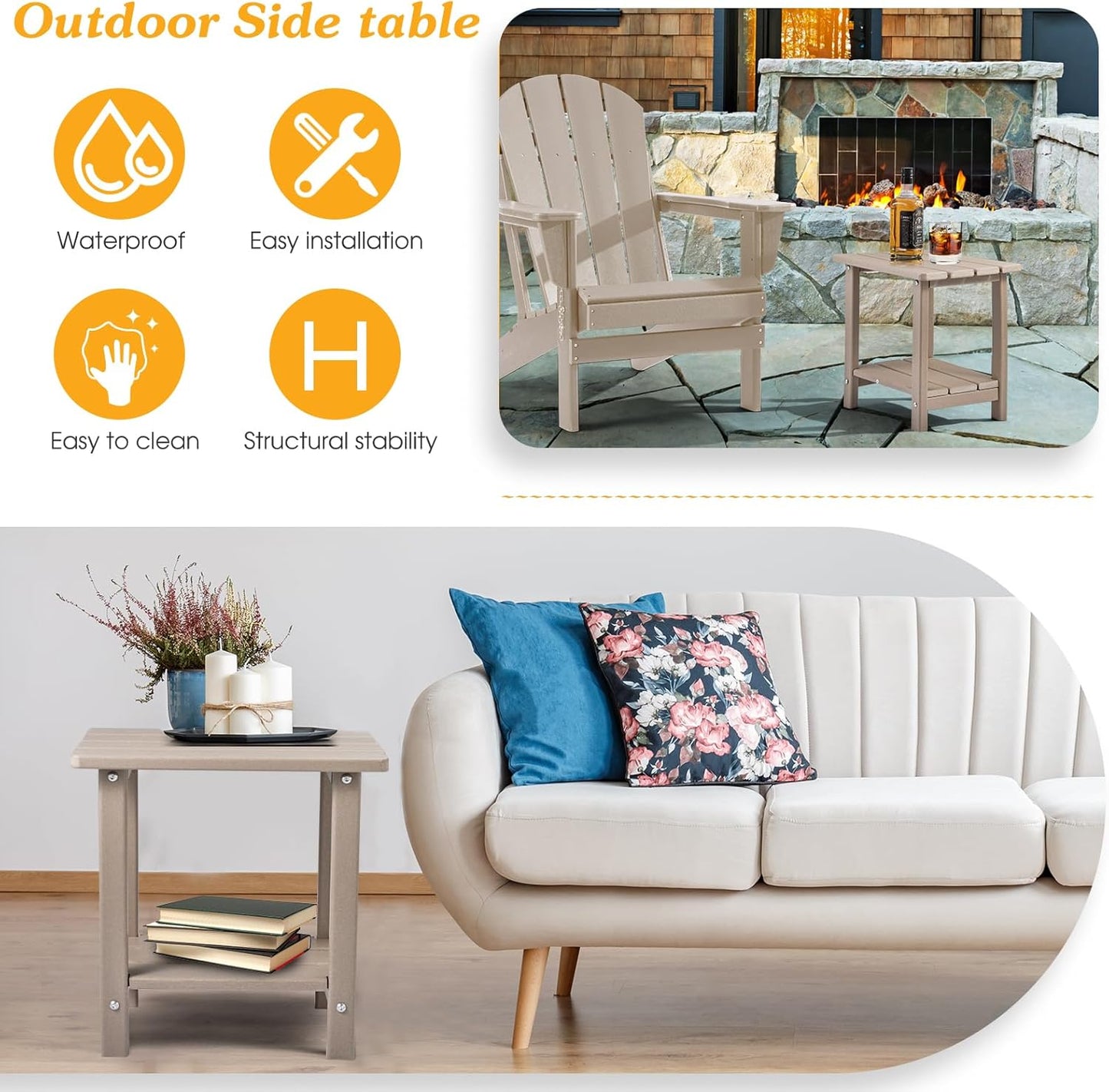 Adirondack Outdoor Side Table, 2-Tier Sturdy Patio End Table Weather Resistant, 16.5" Solid Side Table for Patio, Pool, Porch(Grayish Brown)