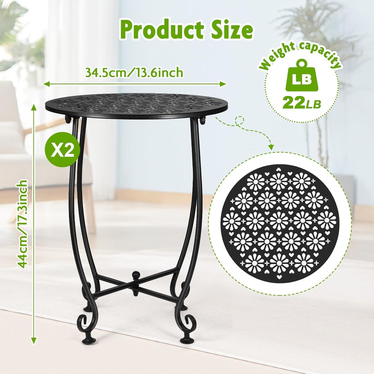 2 Pack 14 Inch Outdoor Side Table for Small Spaces, Patio Side Table,Plant Stand,Round Metal End Table for Patio,Yard Porch Balcony Garden