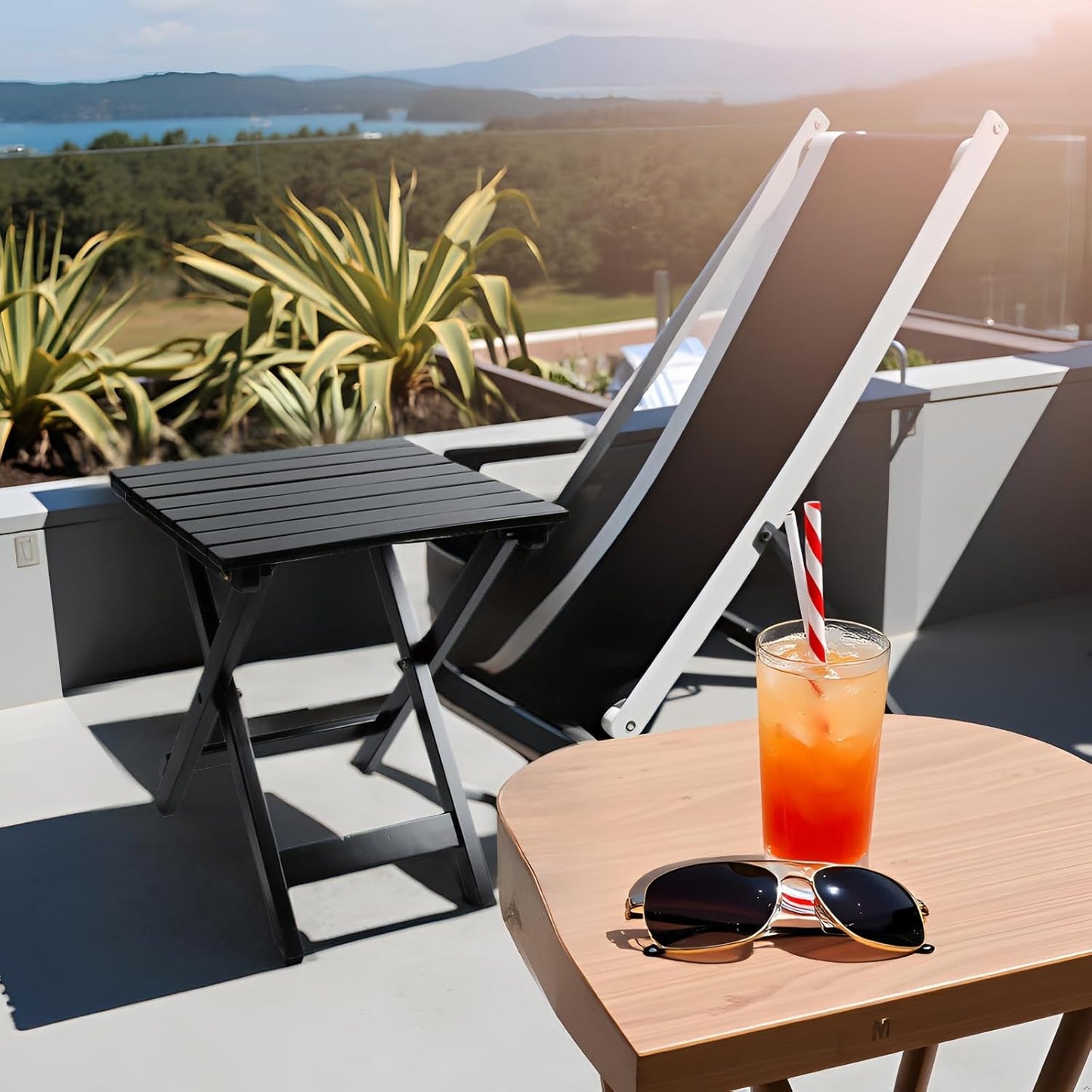 Small Wood End Square Table Outdoor Patio Side Folding Table Coffee Furniture for Living Room, Bedroom, Plant Stand, Camping Portable Black