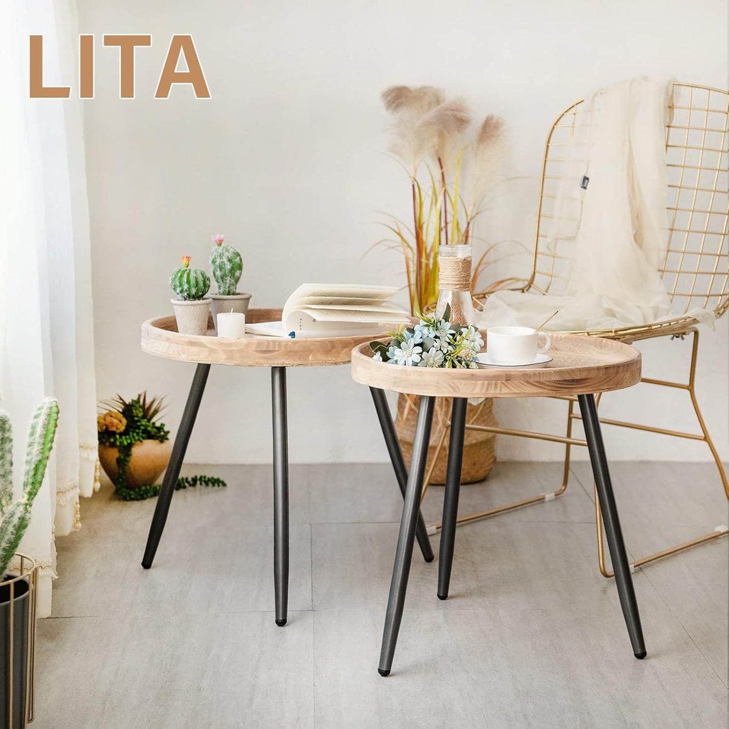 LITA 2 Pcs Round Side End Table, Nightstand Tables, Log Desktop, Wooden Tray Table with Black Metal Stand End Table for Living Room Bedroom Office Small Spaces (M)
