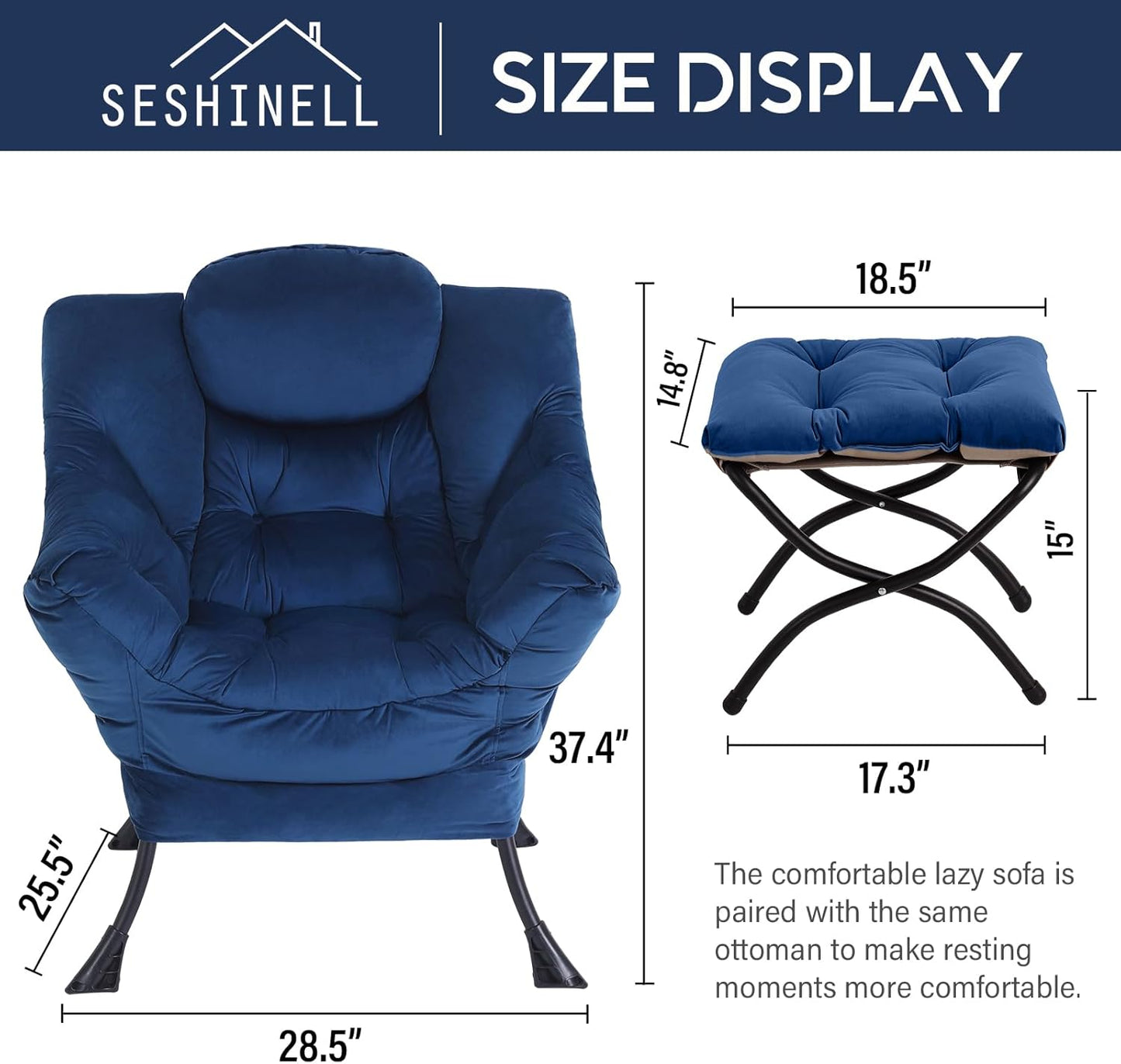 Lazy Chair with Ottoman, Modern Accent Chair Lounge Leisure Sofa Chair with Armrests, Reading Chair and Folding Footstool for Living Room, Bedroom, Office, Royal Blue