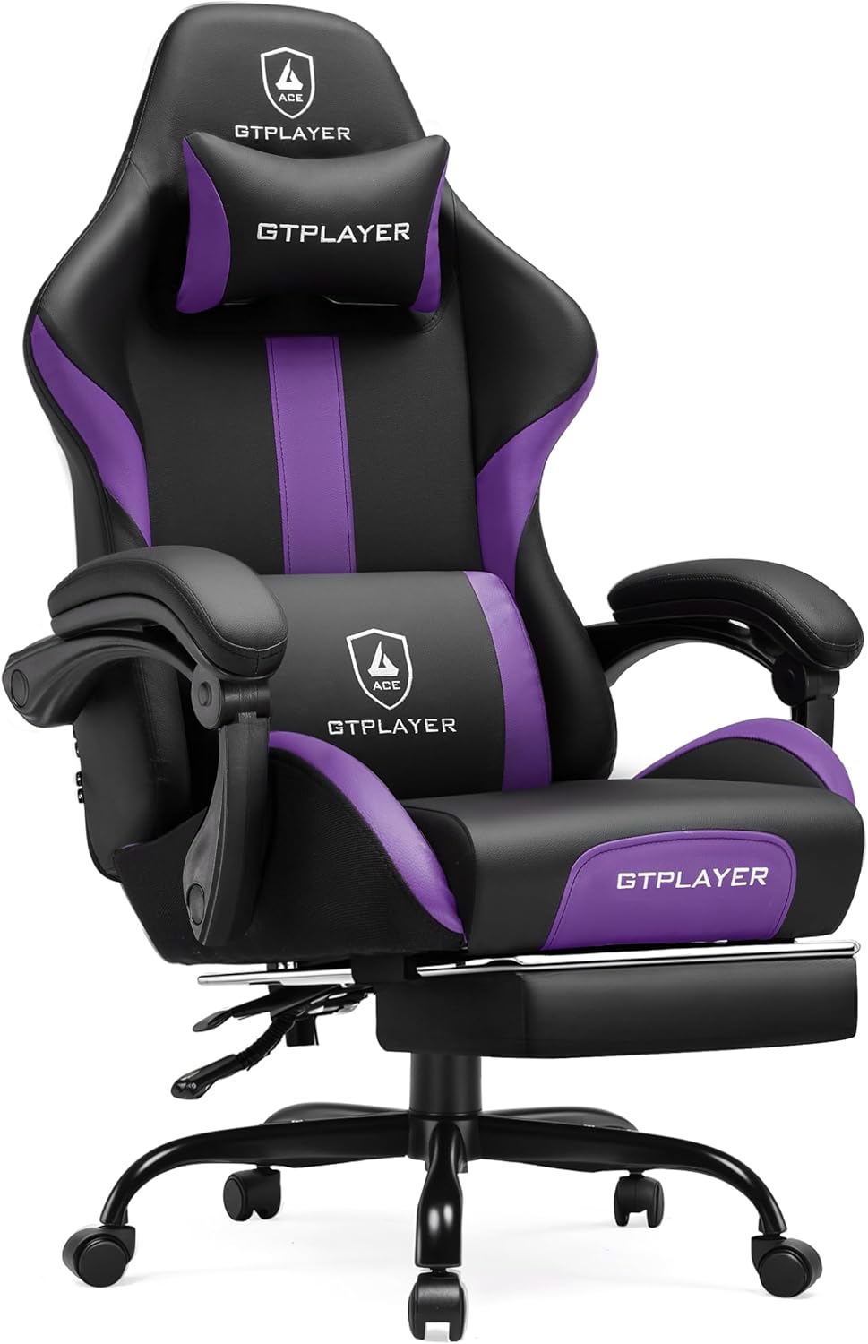 GTRACING Gaming Chair with Foot Rest & Pocket Spring Cushion, Ergonomic High Back Computer Chair with Headrest & 360°-Swivel Seat for Home Office Desk, PU Leather, Purple
