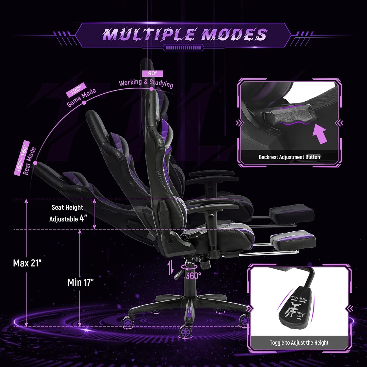 AA Products High Back Ergonomic Gaming Chair with Footrest, Lumbar Support, Swivel, Adjustable for Gamers - Black/Purple