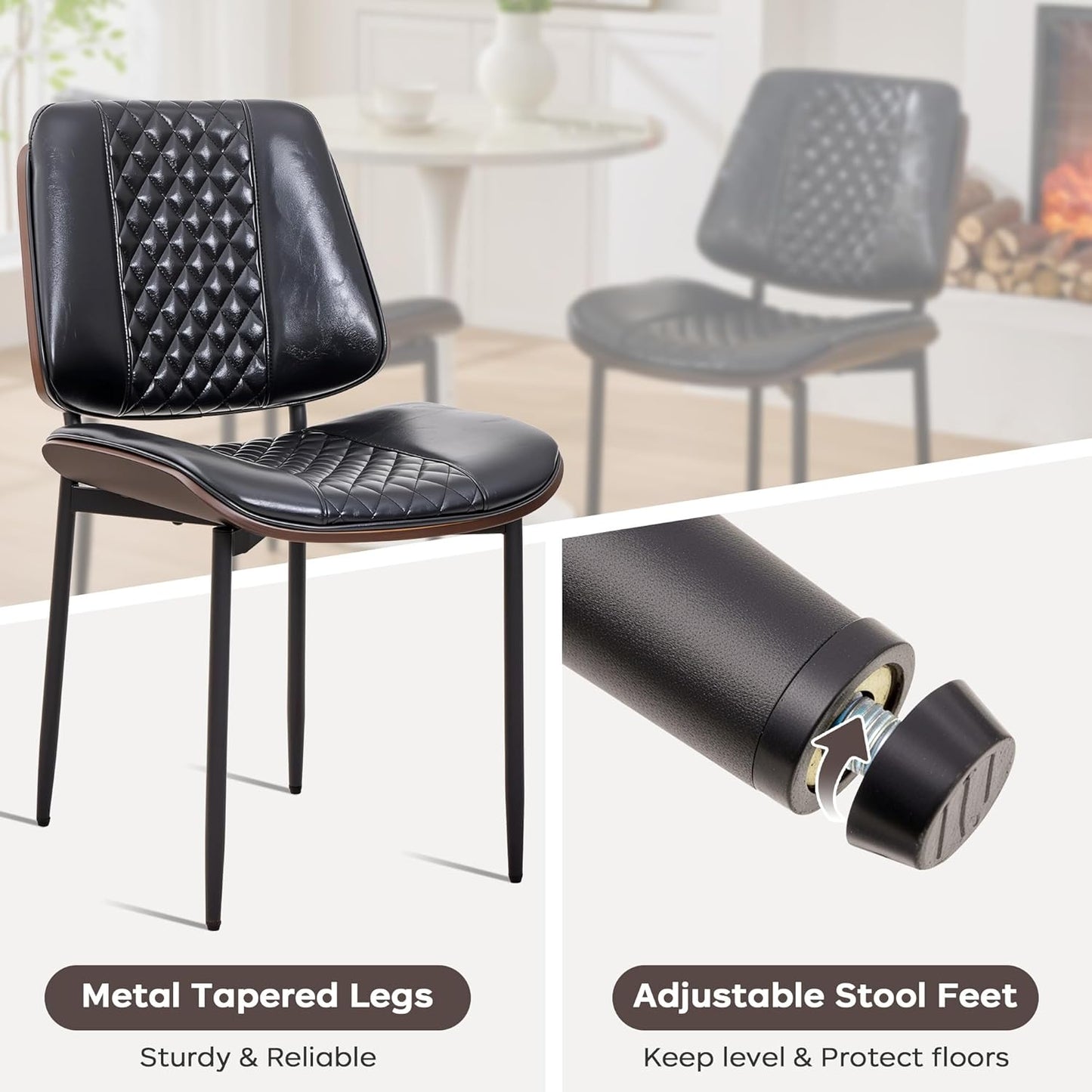 Dining Chairs Set of 2, Upholstered PU Leather Armless Chair, Mid Century Modern Dining Room Chairs, Retro Walnut Bentwood Kitchen Chair with Metal Legs and Adjustable Feet, Black