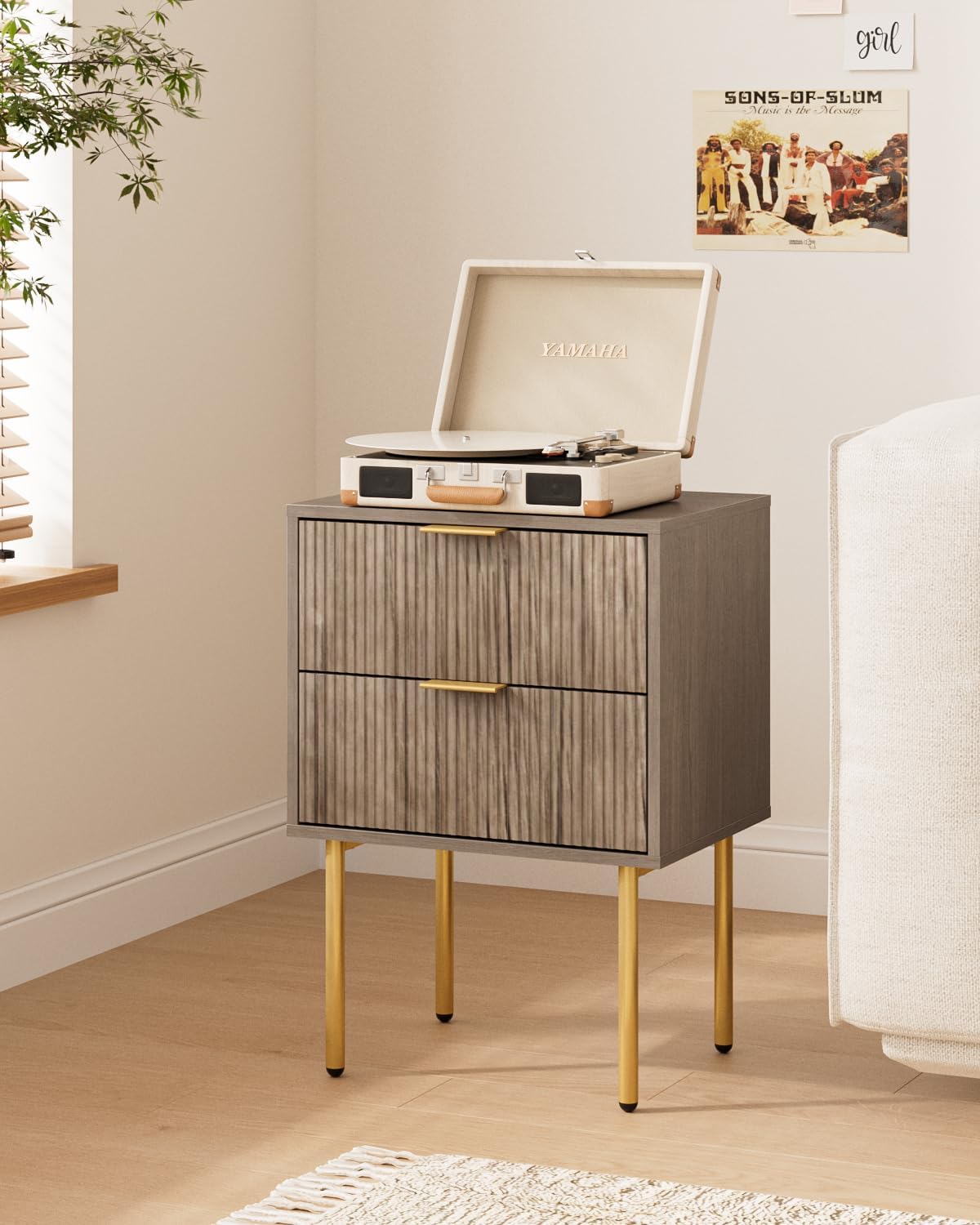 Nightstand,Small Bedside Table with Gold Frame,Morden Night Stand with 2 Drawer,End Table,Side Table with Drawer and Shelf for Bedroom,Living Room (Grey-2Drawer)