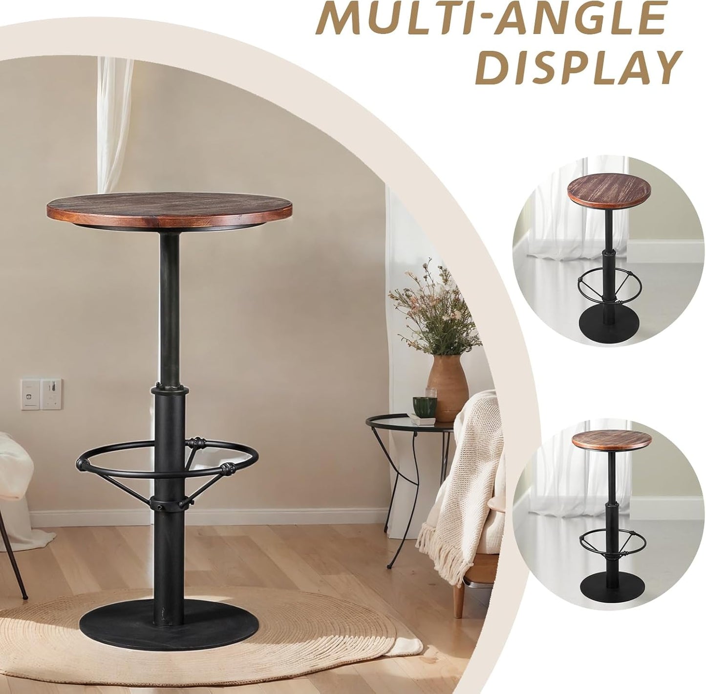 LOKKHAN 42" Tall Rustic Industrial Bar Table-19.68" Dia Round Wooden Top Metal Bar Height Adjustable Standing Pub Table-Dining Room Bistro Table-Cocktail Table