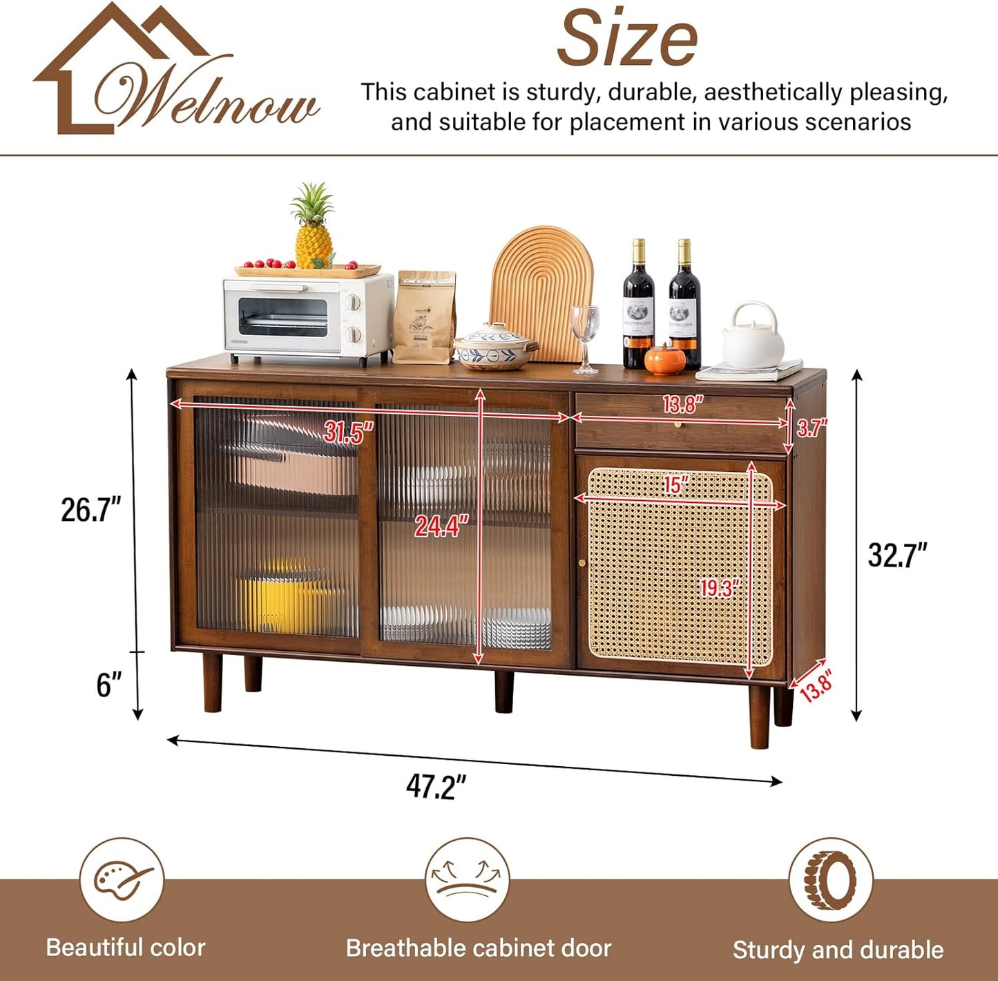 Welnow Buffet Cabinet, Bamboo Sideboard with Storage Rattan Kitchen Display Cabinet with Drawer, Boho Coffee Bar Tables for Kitchen, Living Room, Entryway, Office, Walnut