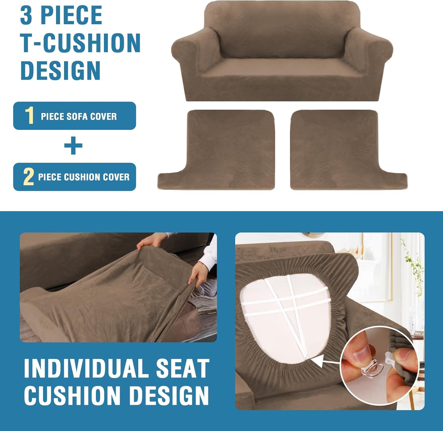 H.VERSAILTEX Sofa Cover 3 Piece T Cushion Loveseat Slipcovers Thick Velvet Couch Cover Stretch T Cushion Sofa Covers for 2 Cushion Couch with 2 Individual T Cushion Covers, Mocha